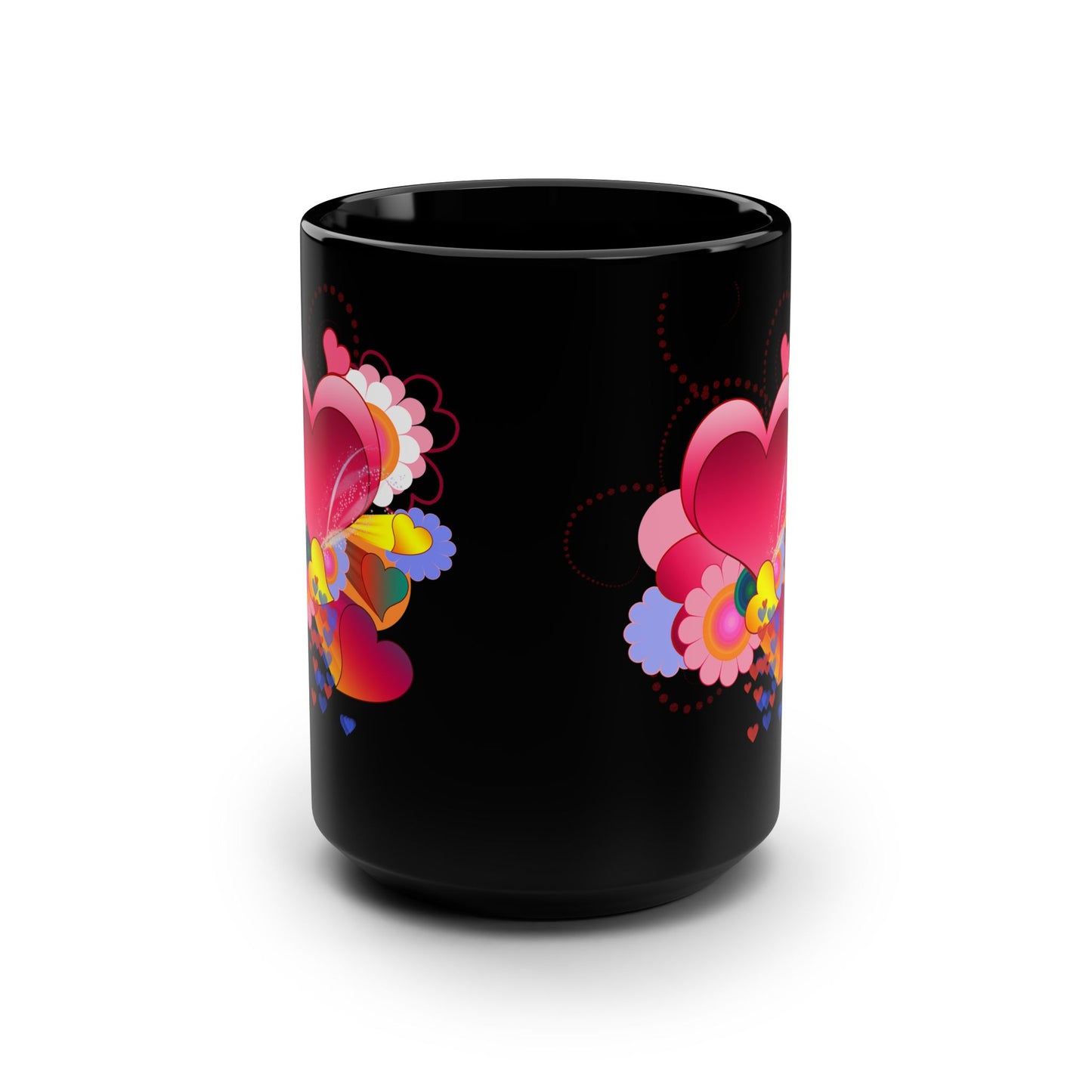 15oz Black Mug — Colorful Heart Floral Love Design