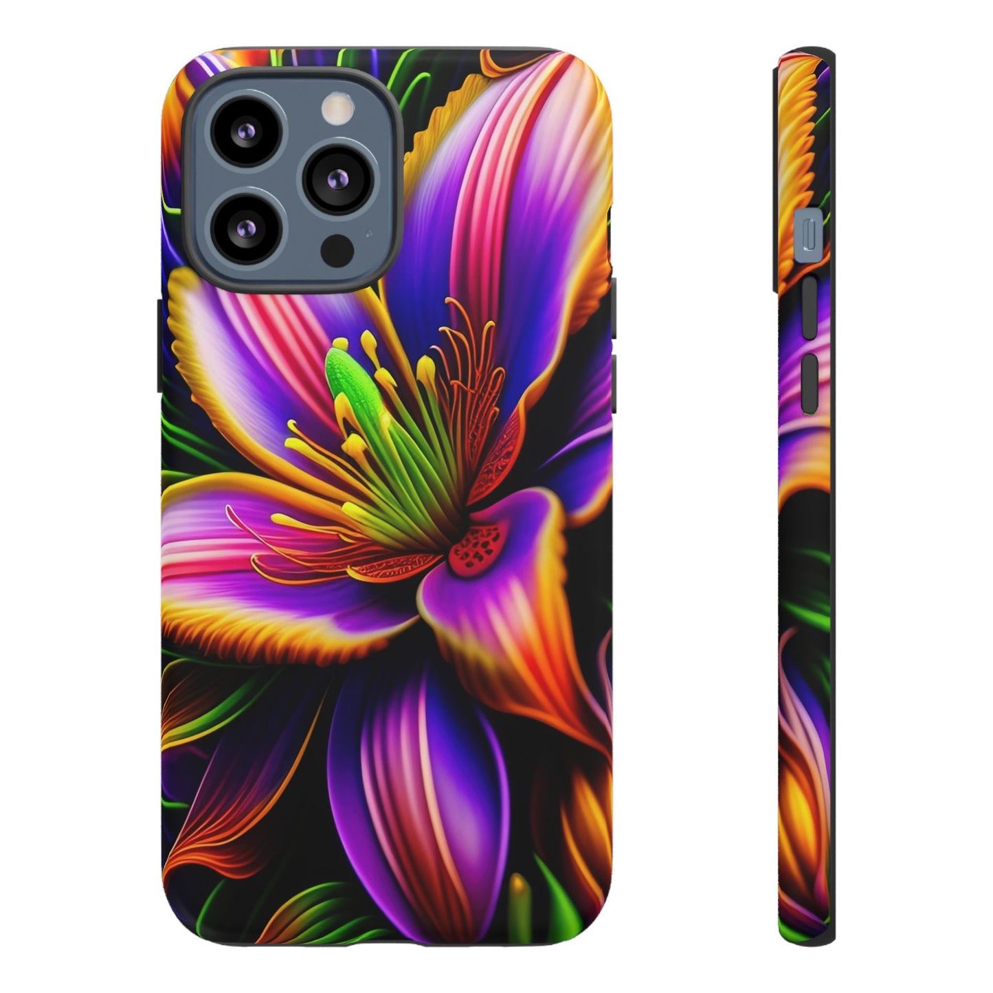 Floral Neon Tough Phone Case — Vivid Purple & Orange Lily Protective Cover