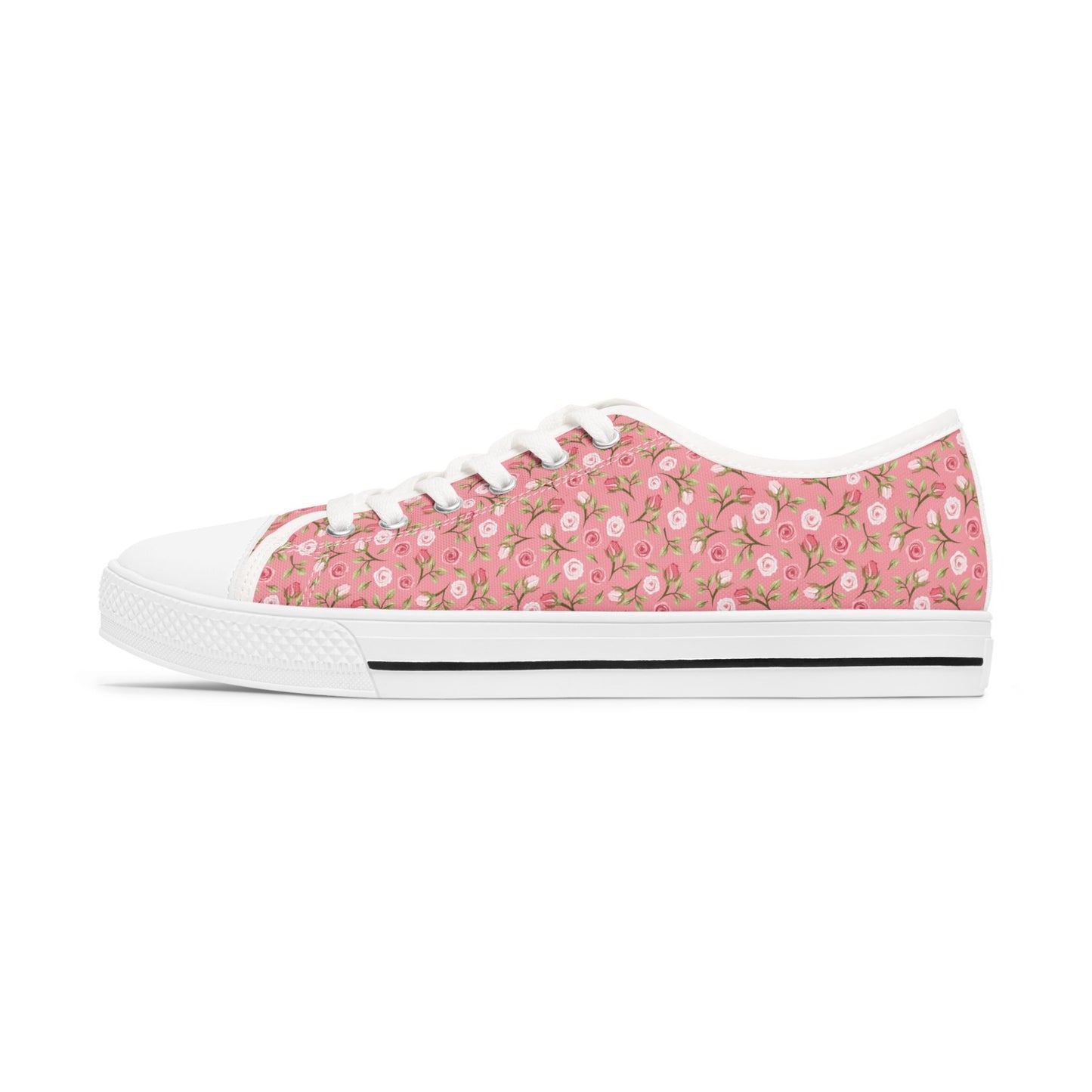 Floral Pink Low Top Sneakers — Women's Cute Rose Pattern Canvas Shoes