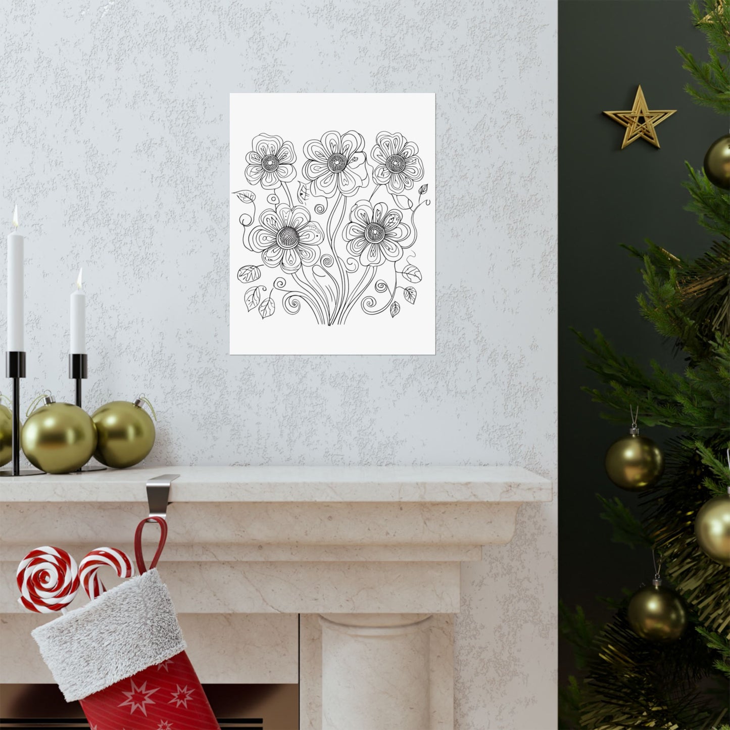 Floral Line Art Poster — Black & White Daisy Bouquet Matte Print - DIY