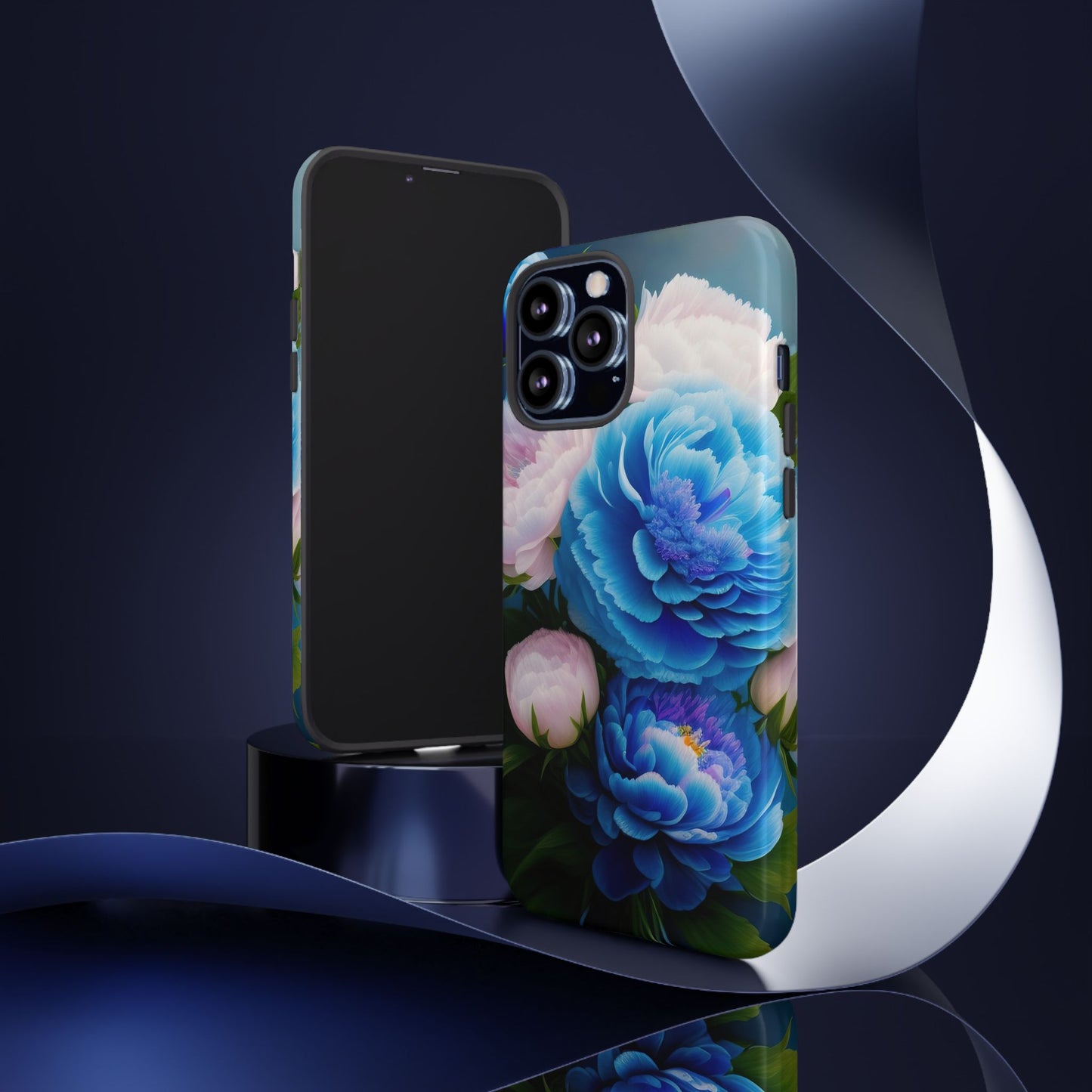 Floral Blue Peony Phone Case — Protective Tough Case with Pink & Blue Blooms