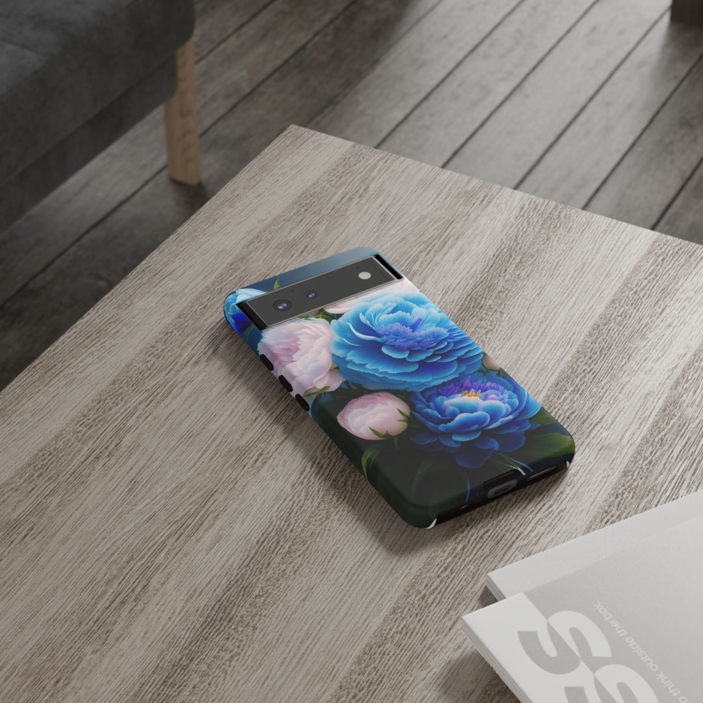 Floral Blue Peony Phone Case — Protective Tough Case with Pink & Blue Blooms