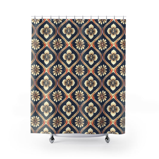 Vintage Floral Tile Shower Curtain — Navy Boho Bathroom Decor
