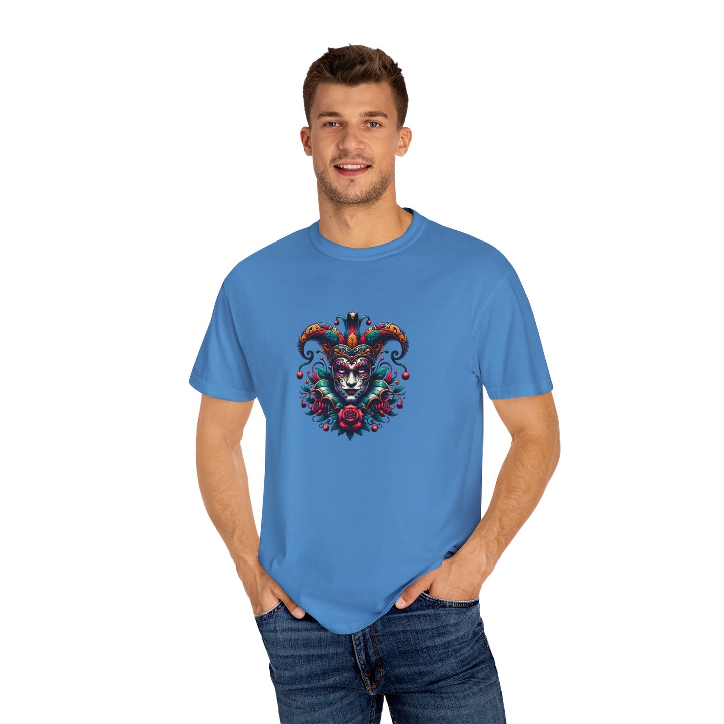 Vibrant Graphic Unisex T-Shirt with Floral Mask Design