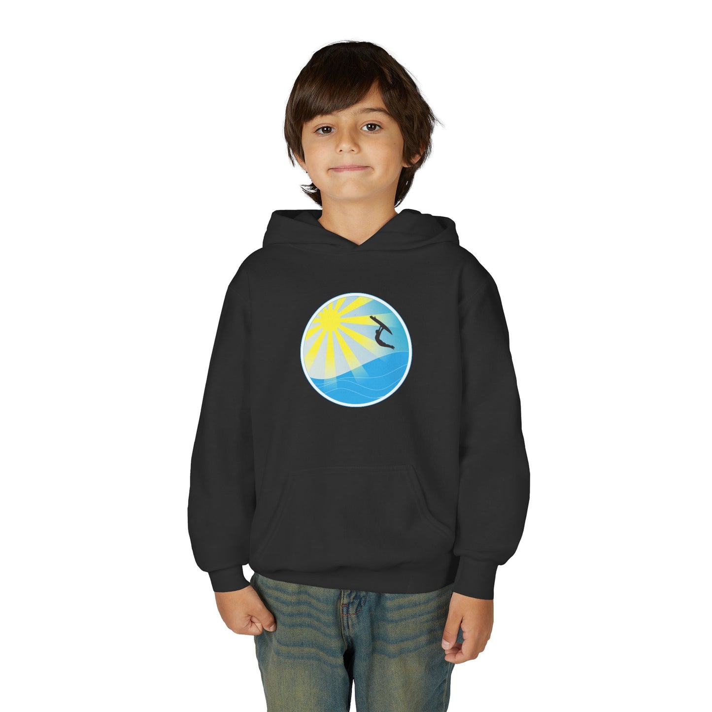 Sunrise Surf Circle Youth Hoodie | Surfing Wave Graphic