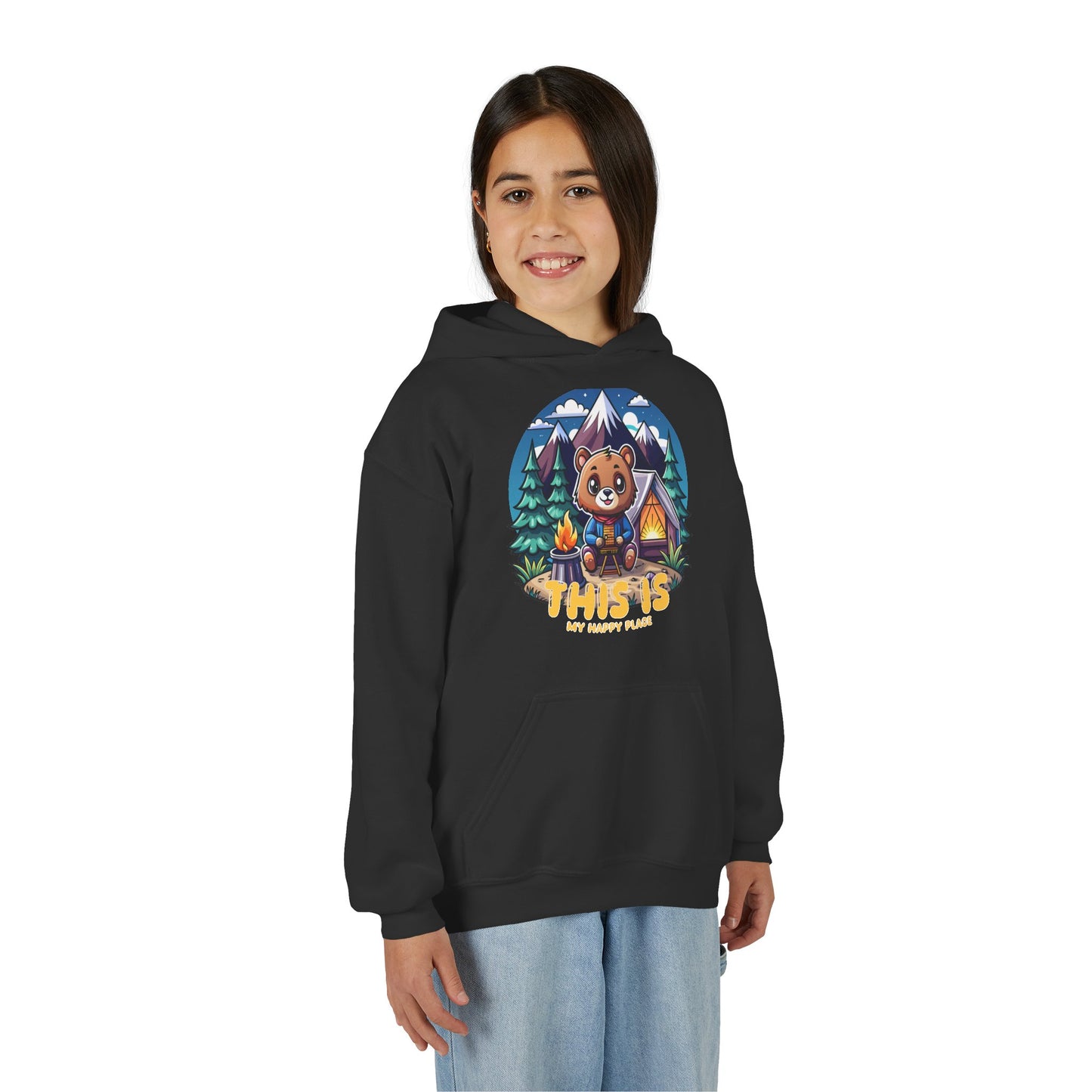 Youth Bear Camping Hoodie — "This is My Happy Place" Cozy Kid’s Outdoor Sweatshirt