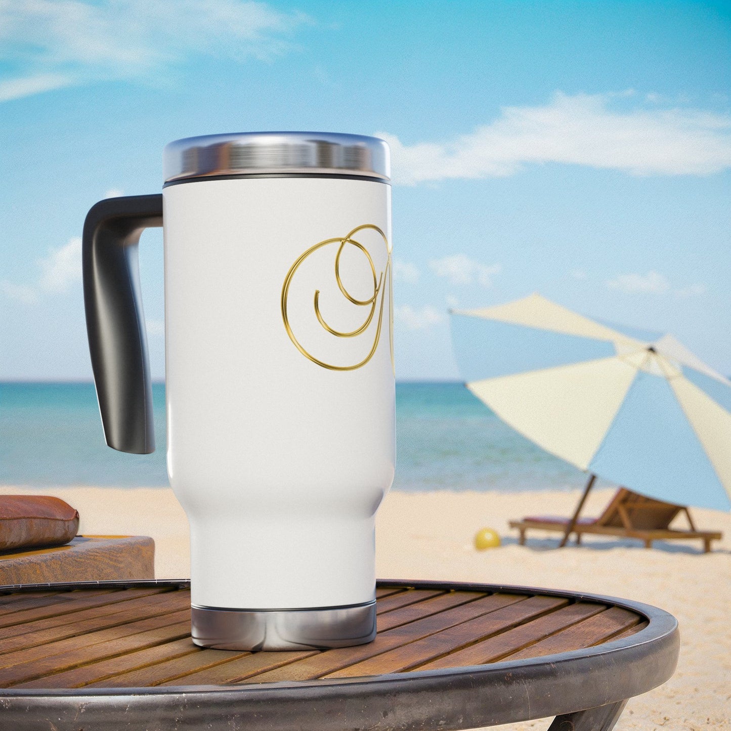 Monogram 'N' Gold Travel Mug — 14oz Stainless Steel Insulated Tumbler with Handle