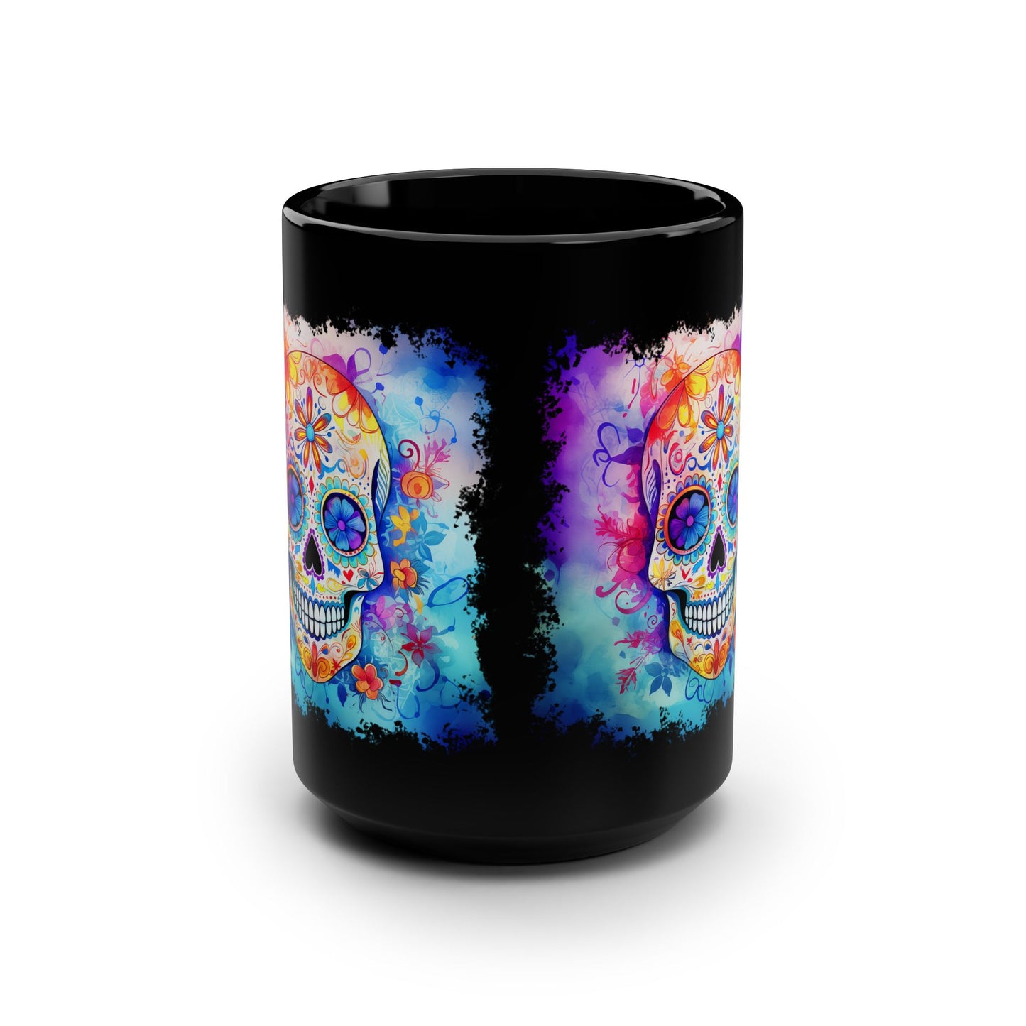 15oz Black Mug — Colorful Watercolor Sugar Skull Coffee Cup