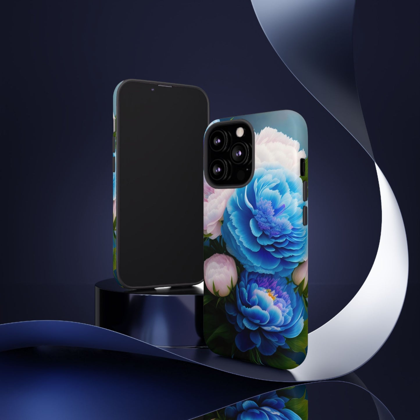 Floral Blue Peony Phone Case — Protective Tough Case with Pink & Blue Blooms