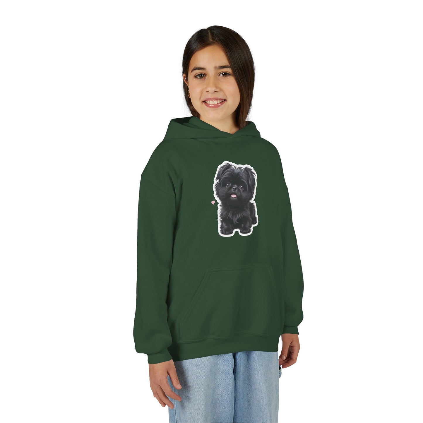 Youth Hoodie — Cute Black Shih Tzu with “Love Has Four Paws” Back Print