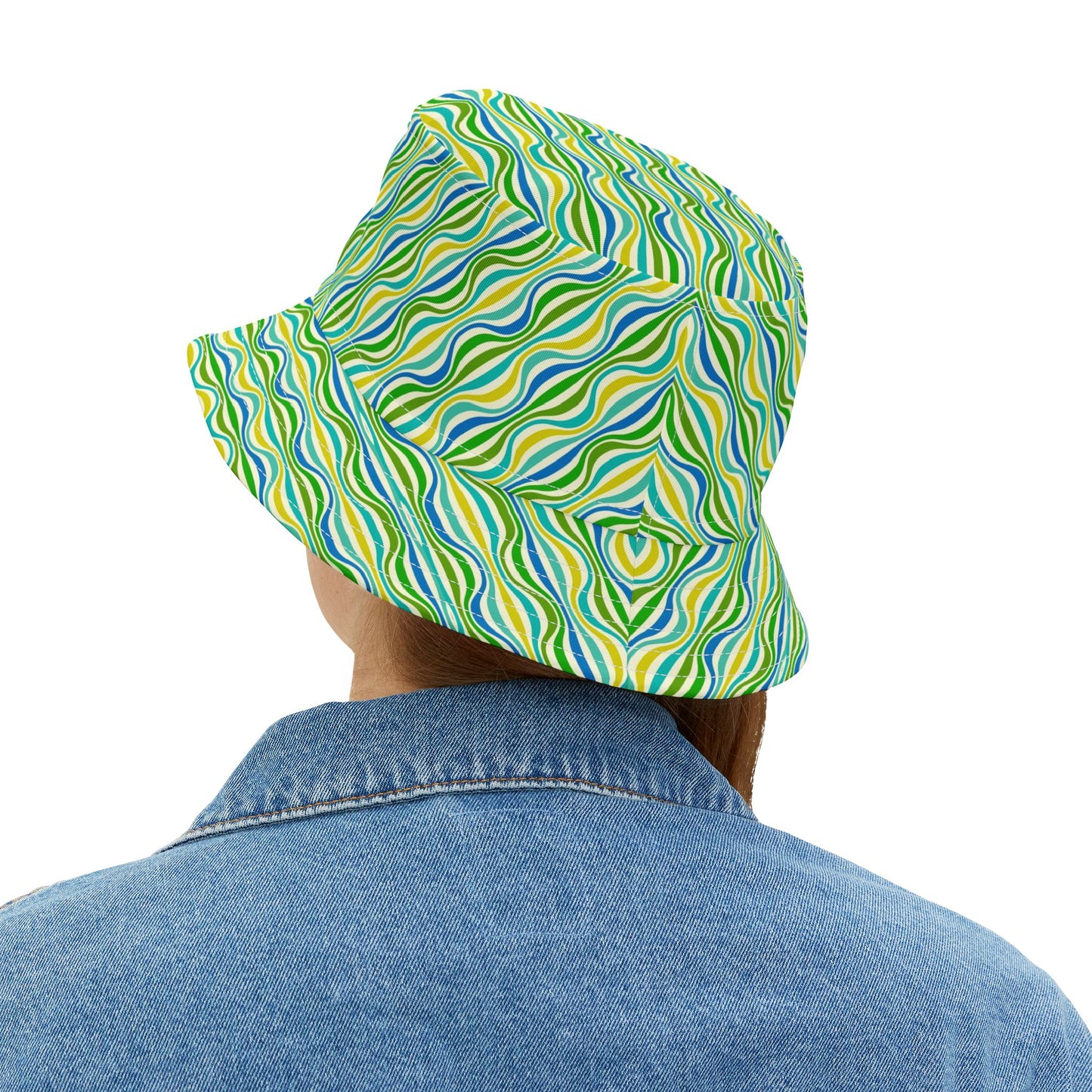 Green Wave Pattern Bucket Hat — Retro Groovy Summer Sun Hat