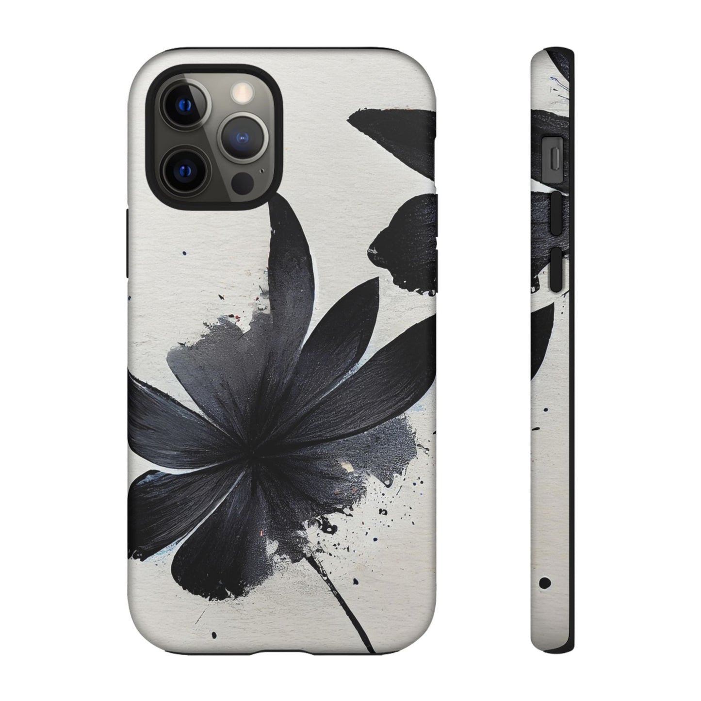 Monochrome Floral Tough Phone Case — Black Ink Flower Protective Cover