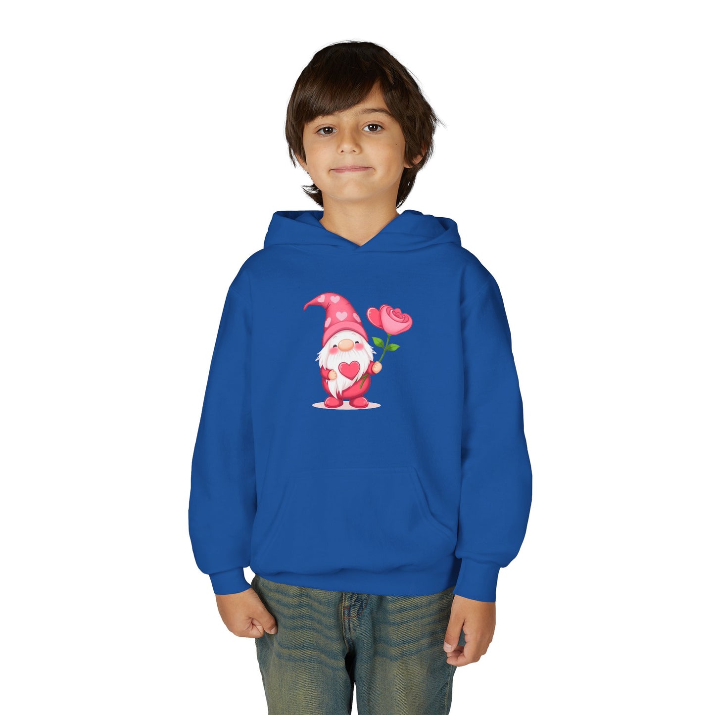 Valentine Gnome Kids Hoodie — Cute Pink Gnome Holding Rose Youth Sweatshirt