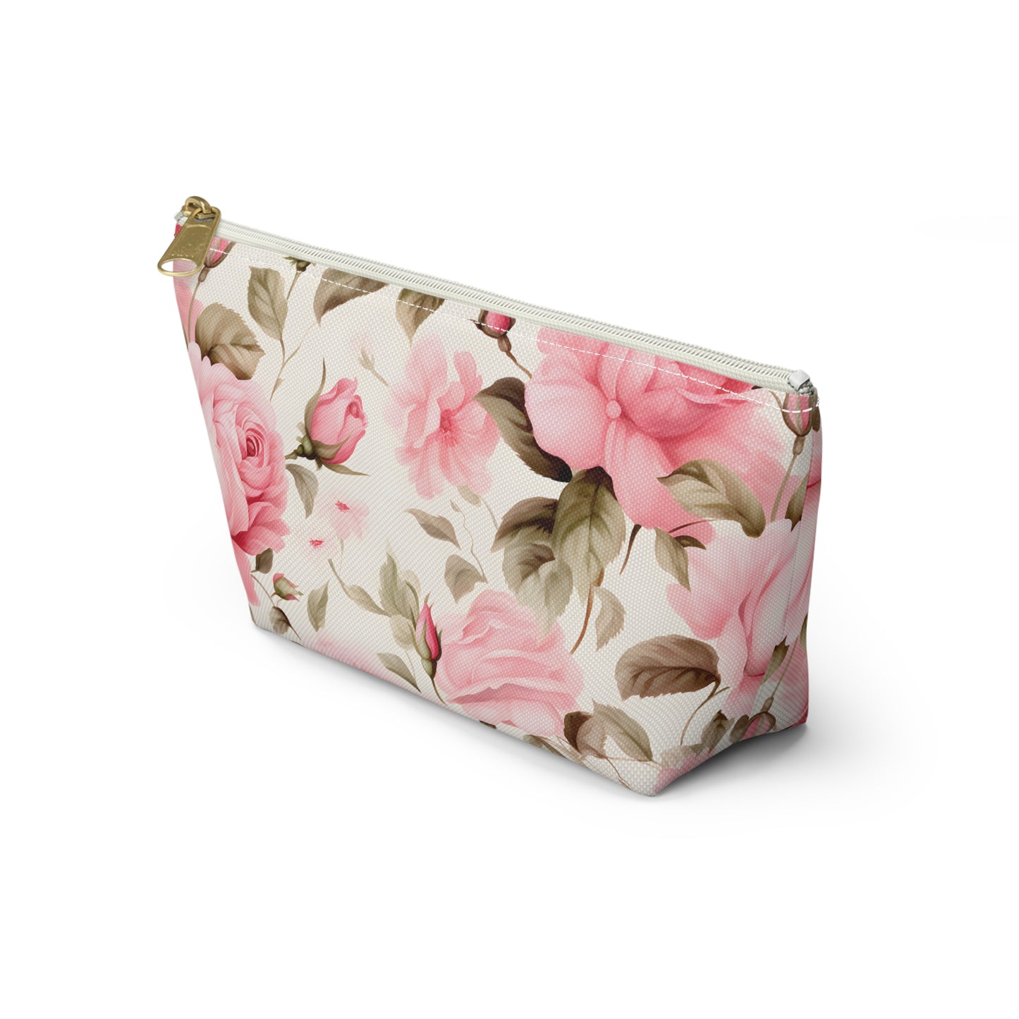 Floral Rose Accessory Pouch - Pink Vintage Cosmetic Bag with T-Bottom