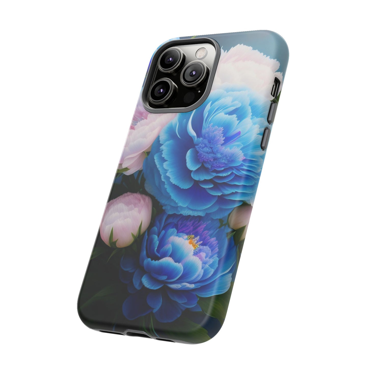 Floral Blue Peony Phone Case — Protective Tough Case with Pink & Blue Blooms