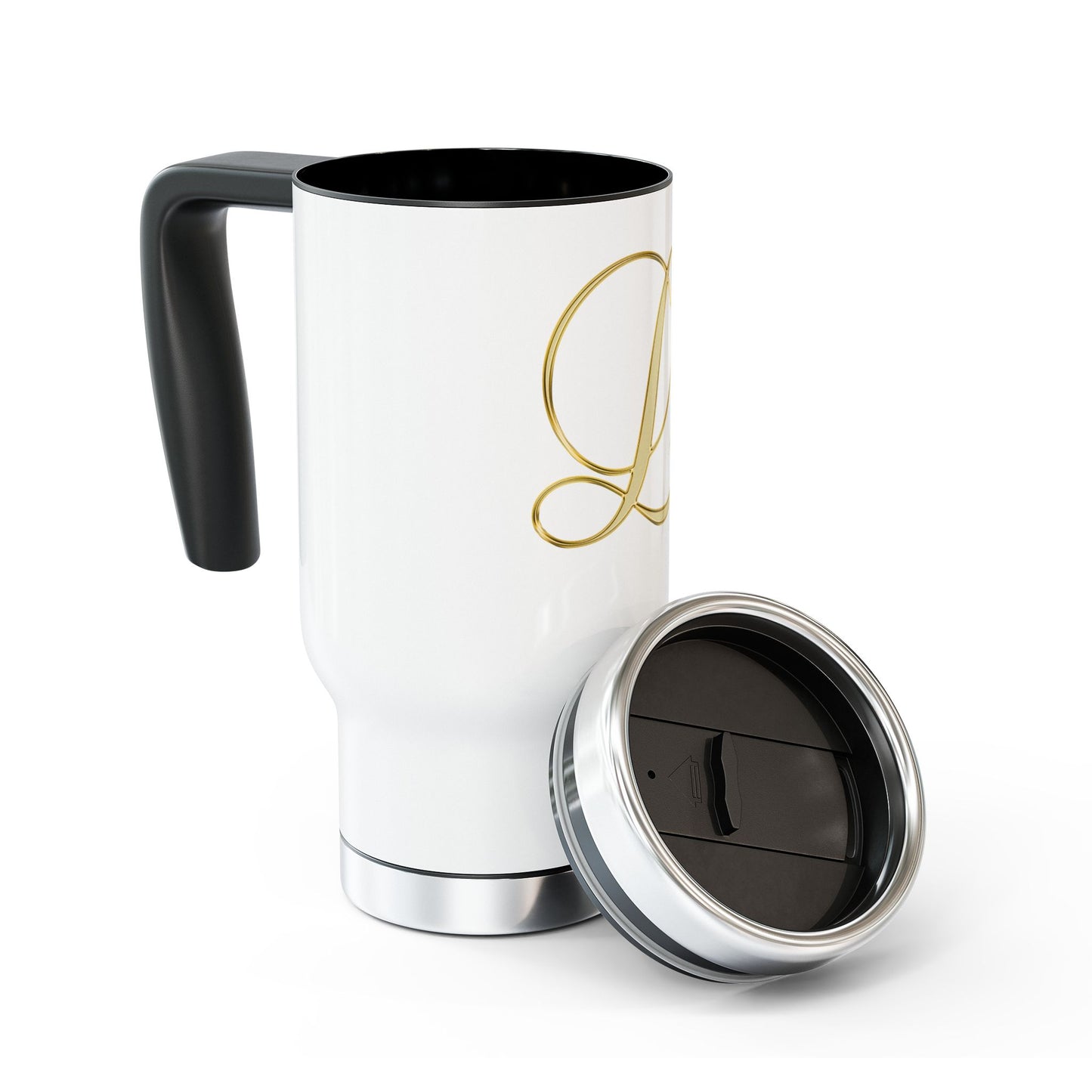 Monogram L Gold Travel Mug — 14oz Stainless Steel Tumbler with Handle