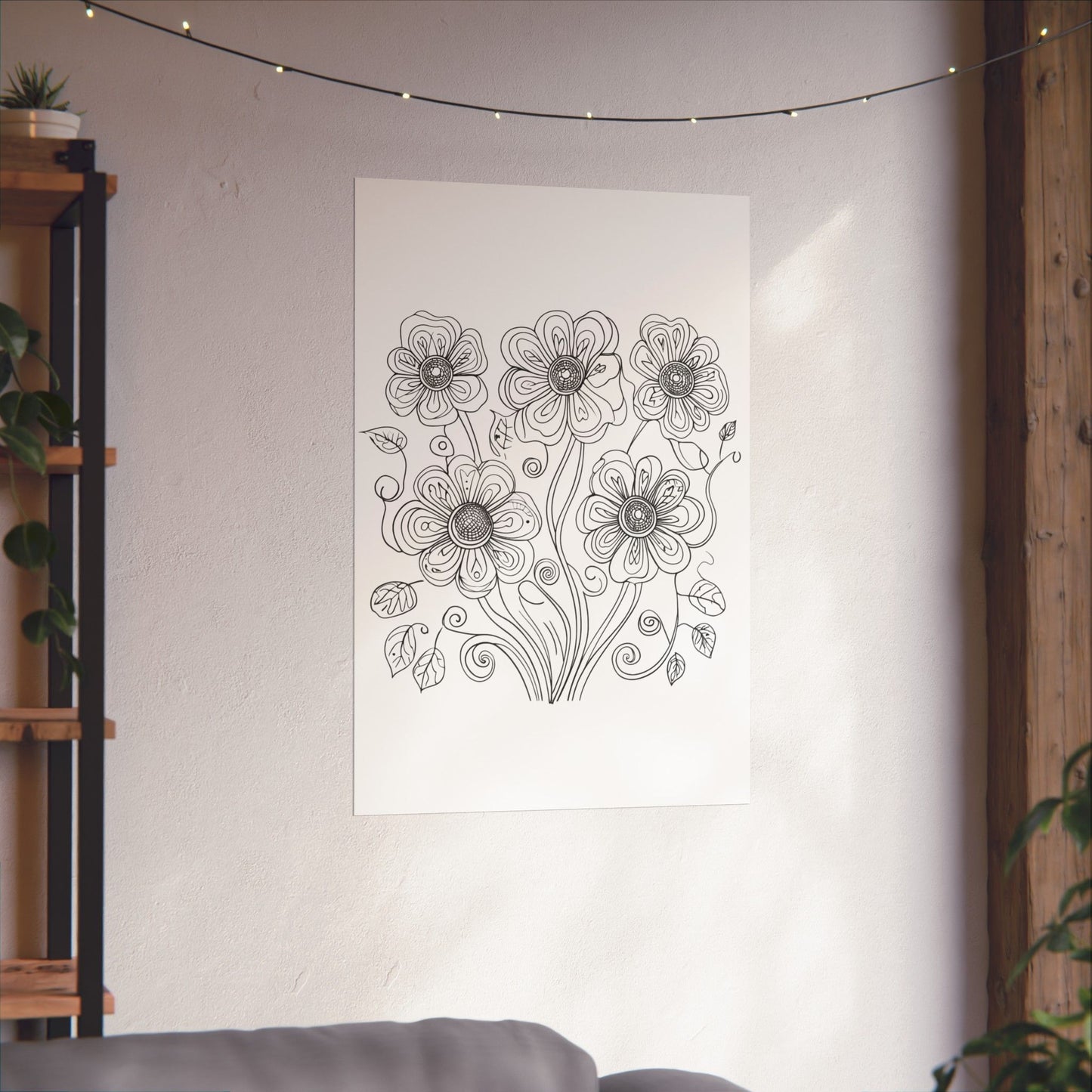 Floral Line Art Poster — Black & White Daisy Bouquet Matte Print - DIY