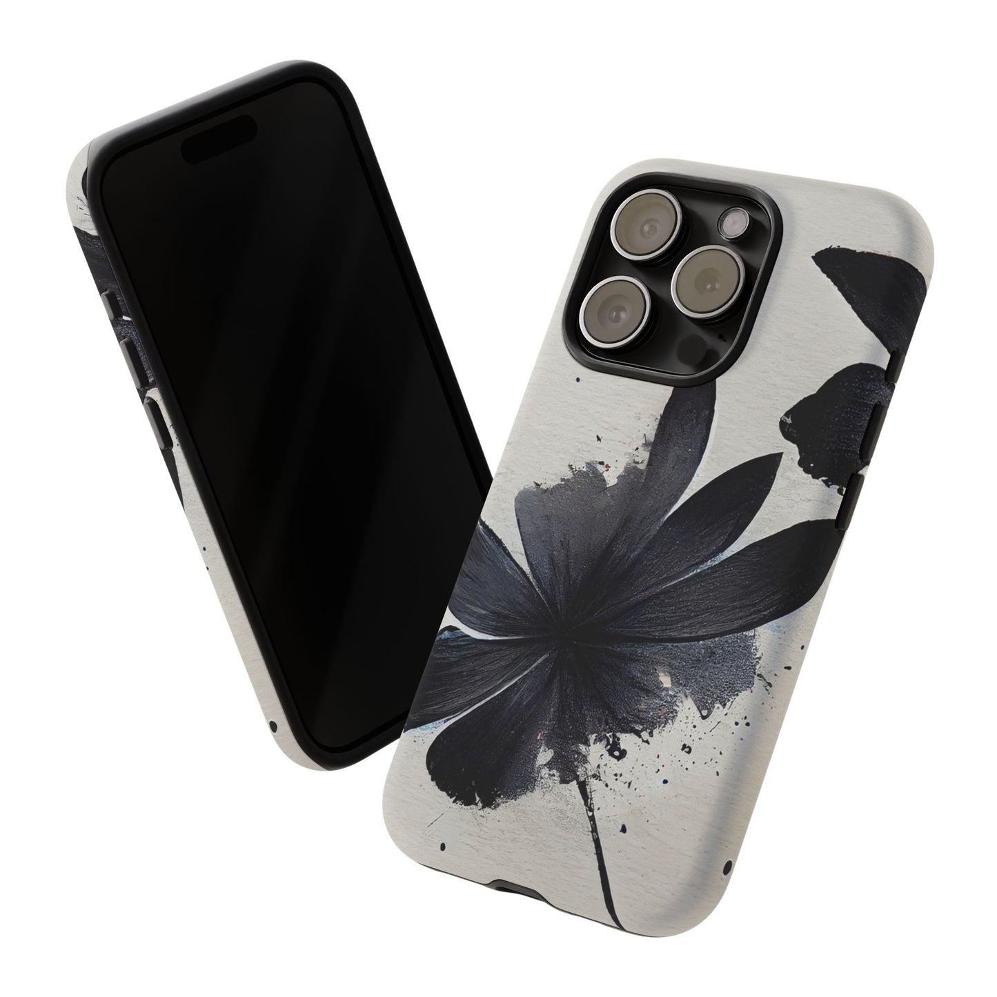 Monochrome Floral Tough Phone Case — Black Ink Flower Protective Cover