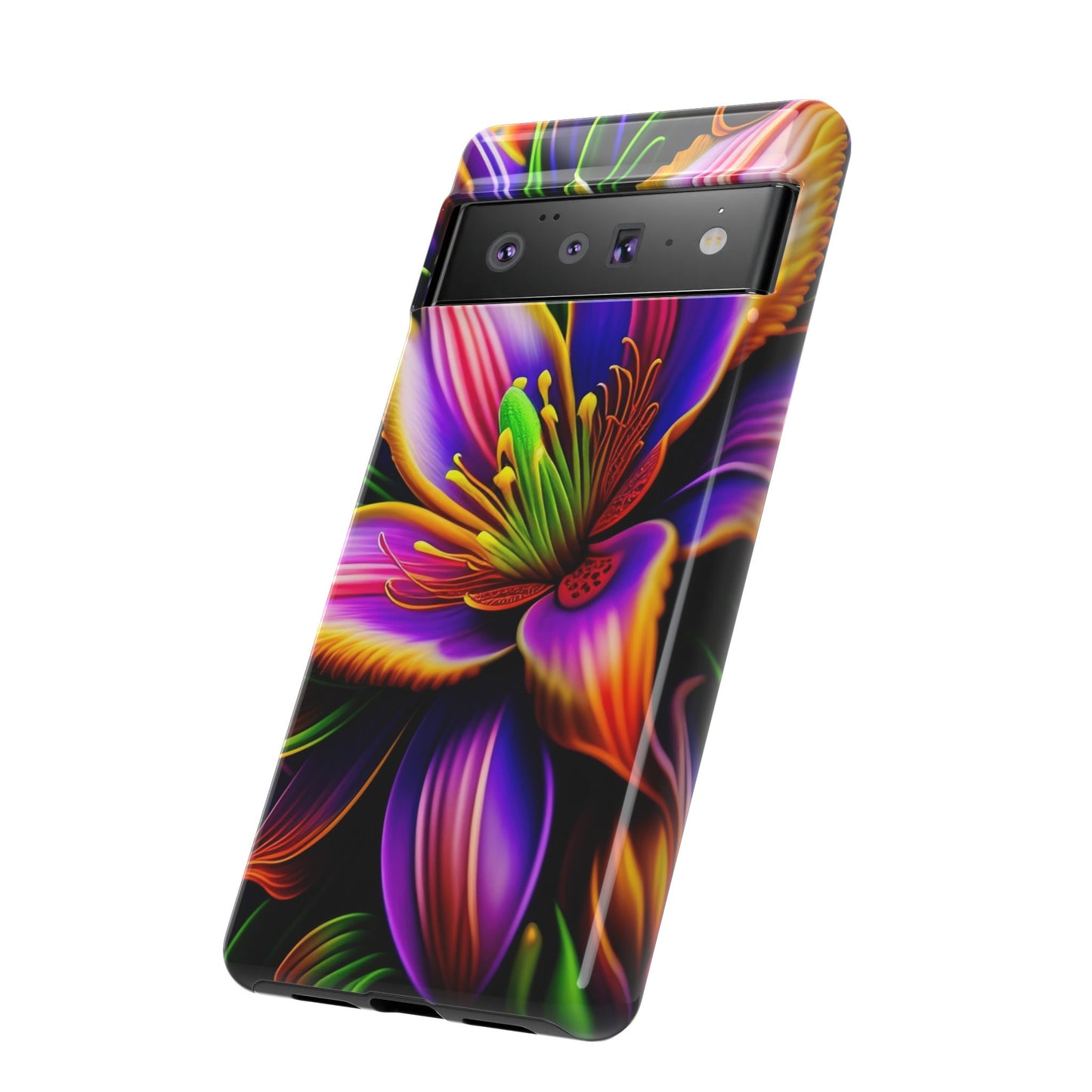 Floral Neon Tough Phone Case — Vivid Purple & Orange Lily Protective Cover
