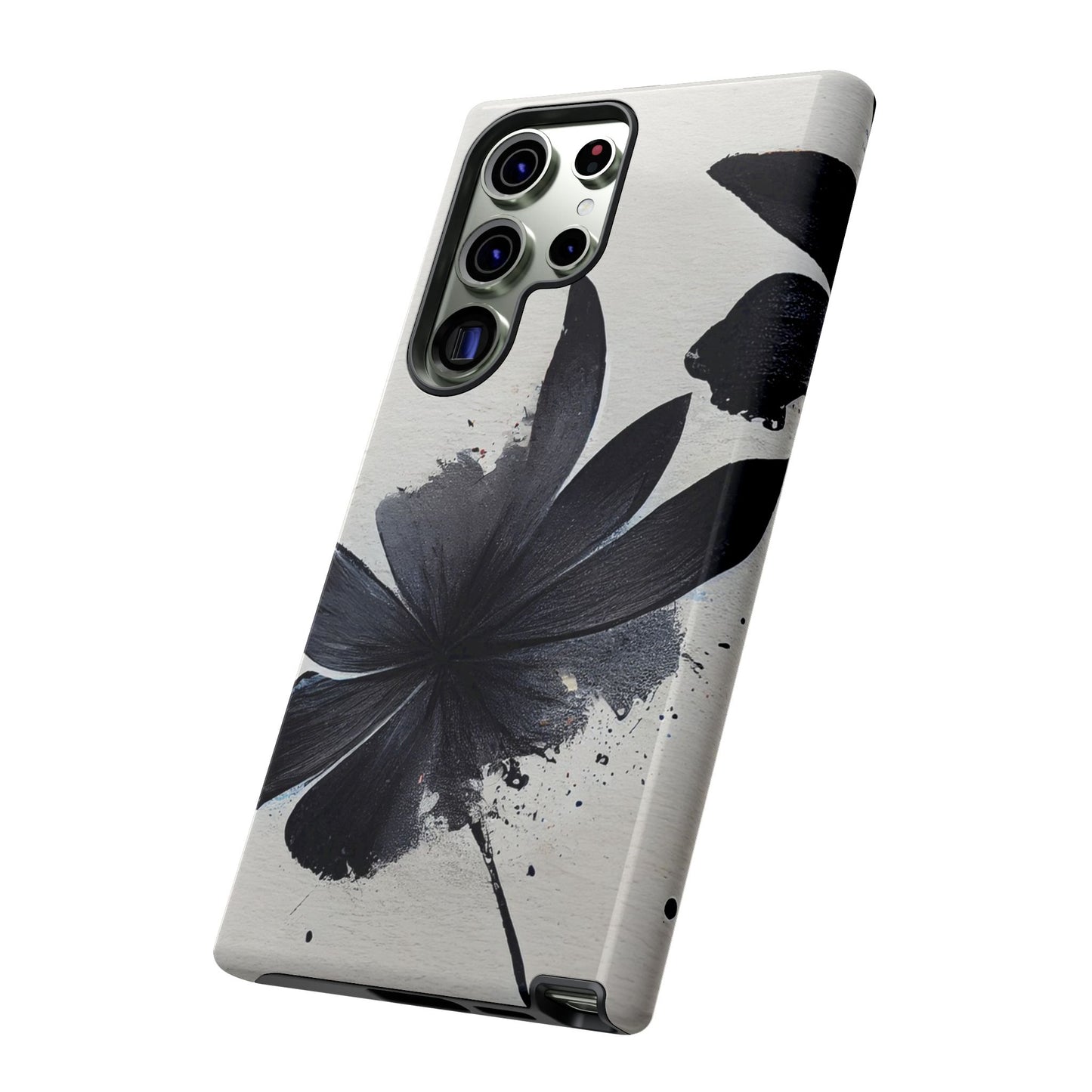 Monochrome Floral Tough Phone Case — Black Ink Flower Protective Cover