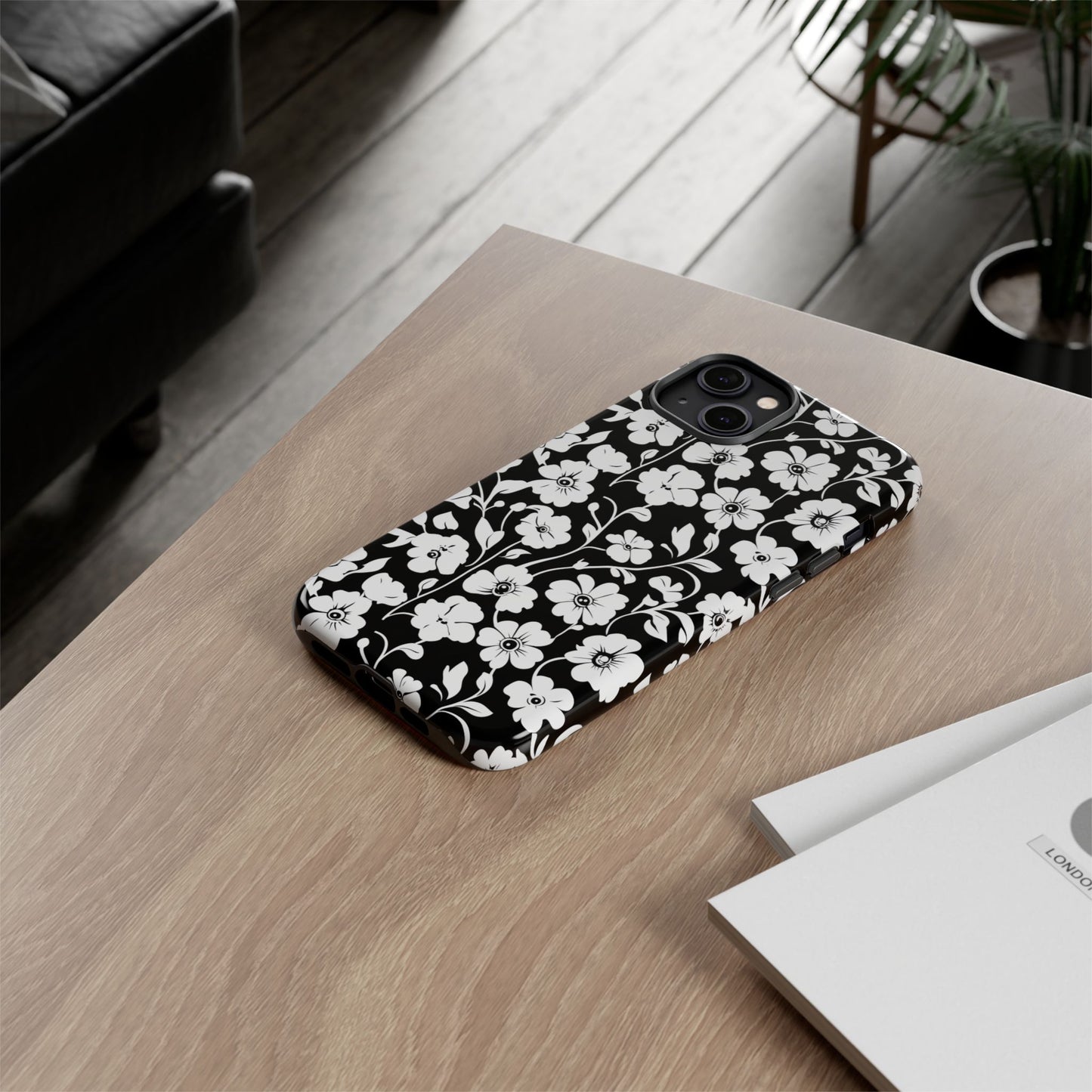Floral Noir Tough Phone Case — Black & White Flower Protective Cover