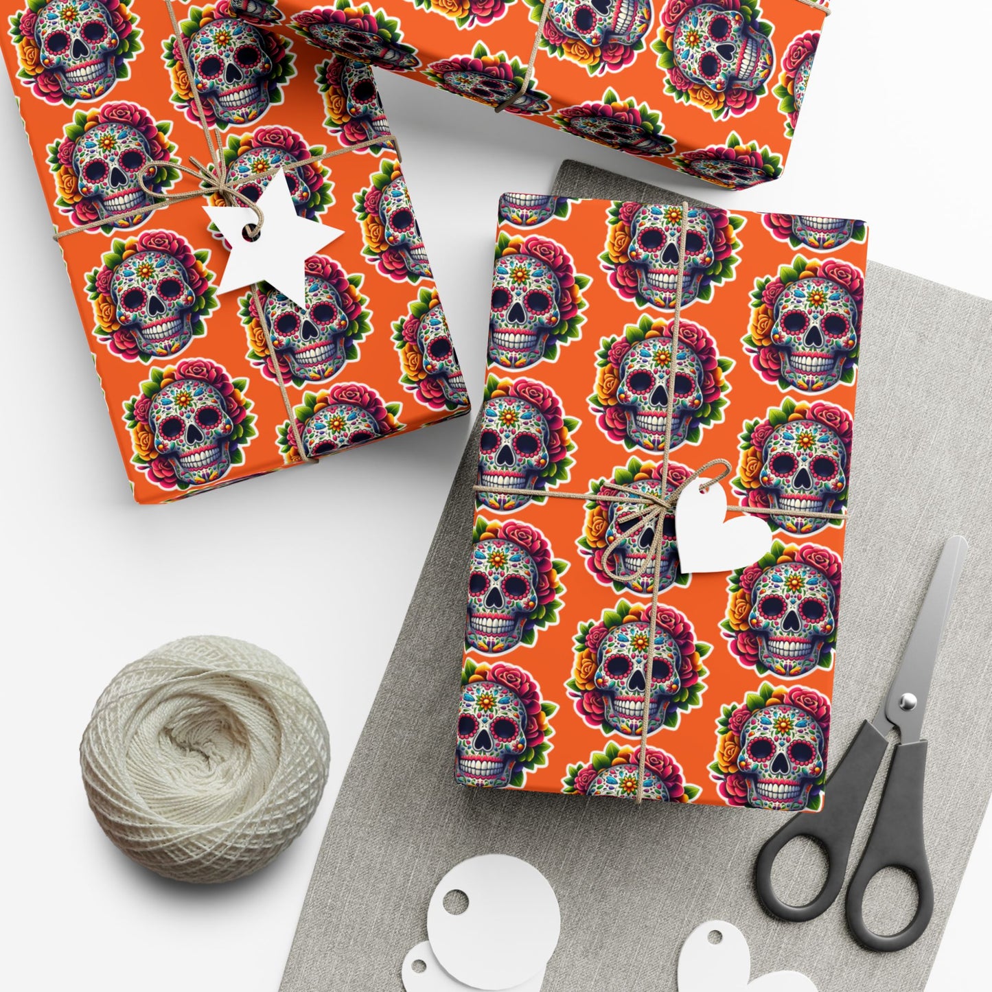 Day of the Dead Sugar Skull Gift Wrap Paper — Vibrant Orange Mexican Holiday Wrapping