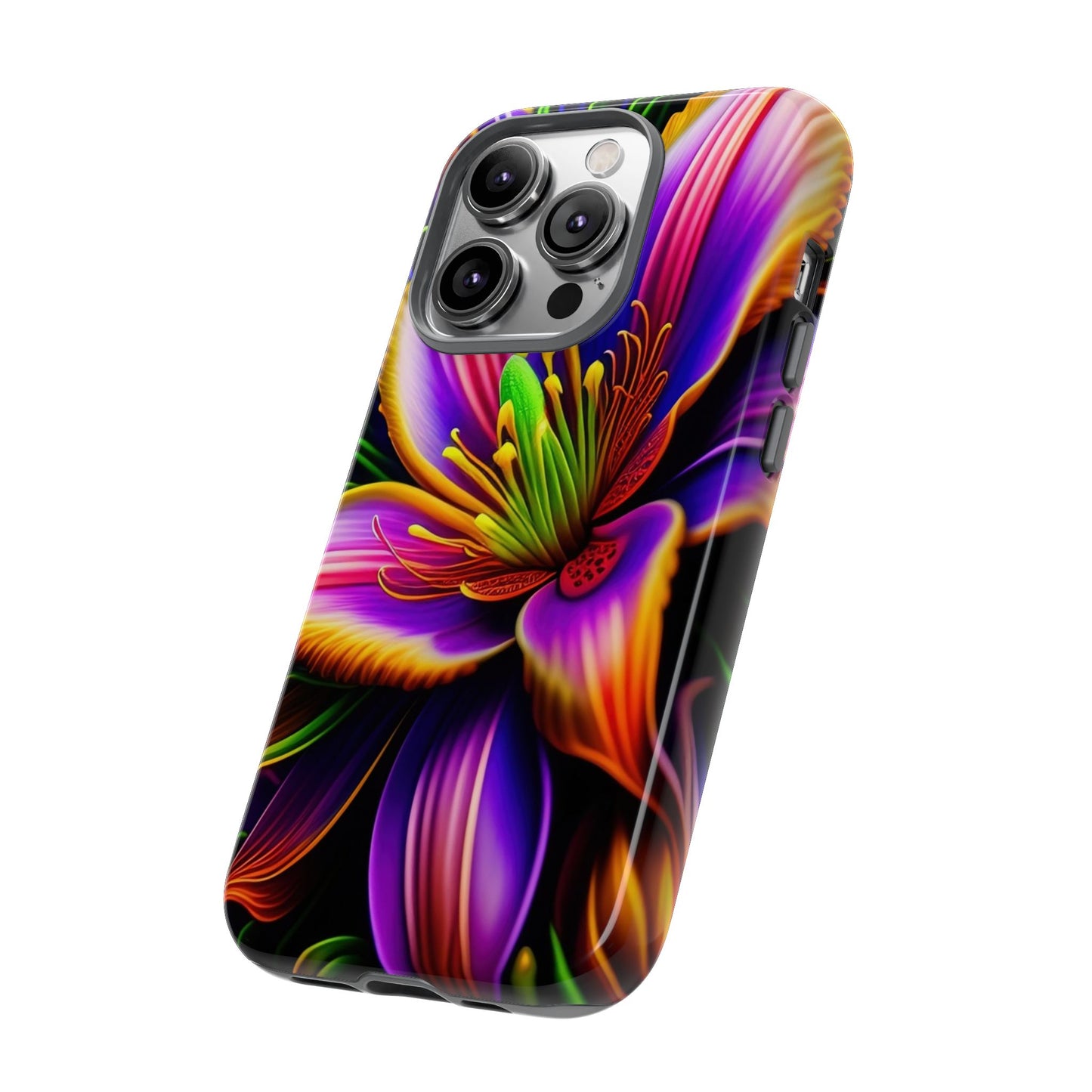 Floral Neon Tough Phone Case — Vivid Purple & Orange Lily Protective Cover