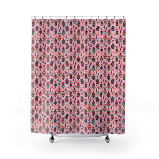 Beetle Garden Shower Curtain — Pink Boho Scarab Pattern for Bathroom Decor