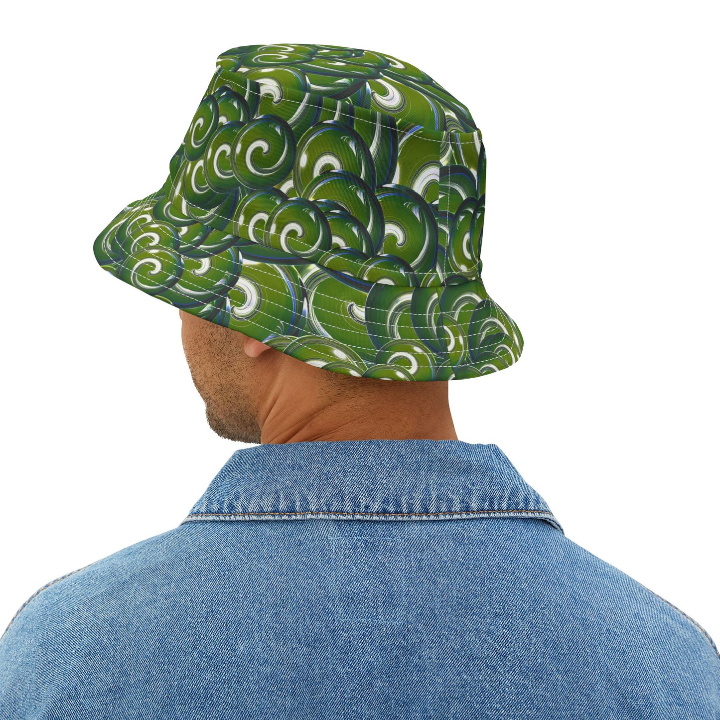 Green Swirl Pattern Bucket Hat – All-Over Print Casual Sun Hat