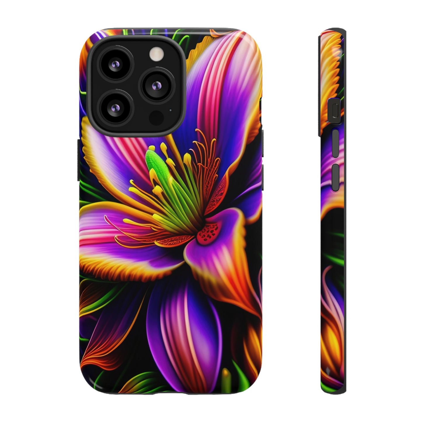 Floral Neon Tough Phone Case — Vivid Purple & Orange Lily Protective Cover
