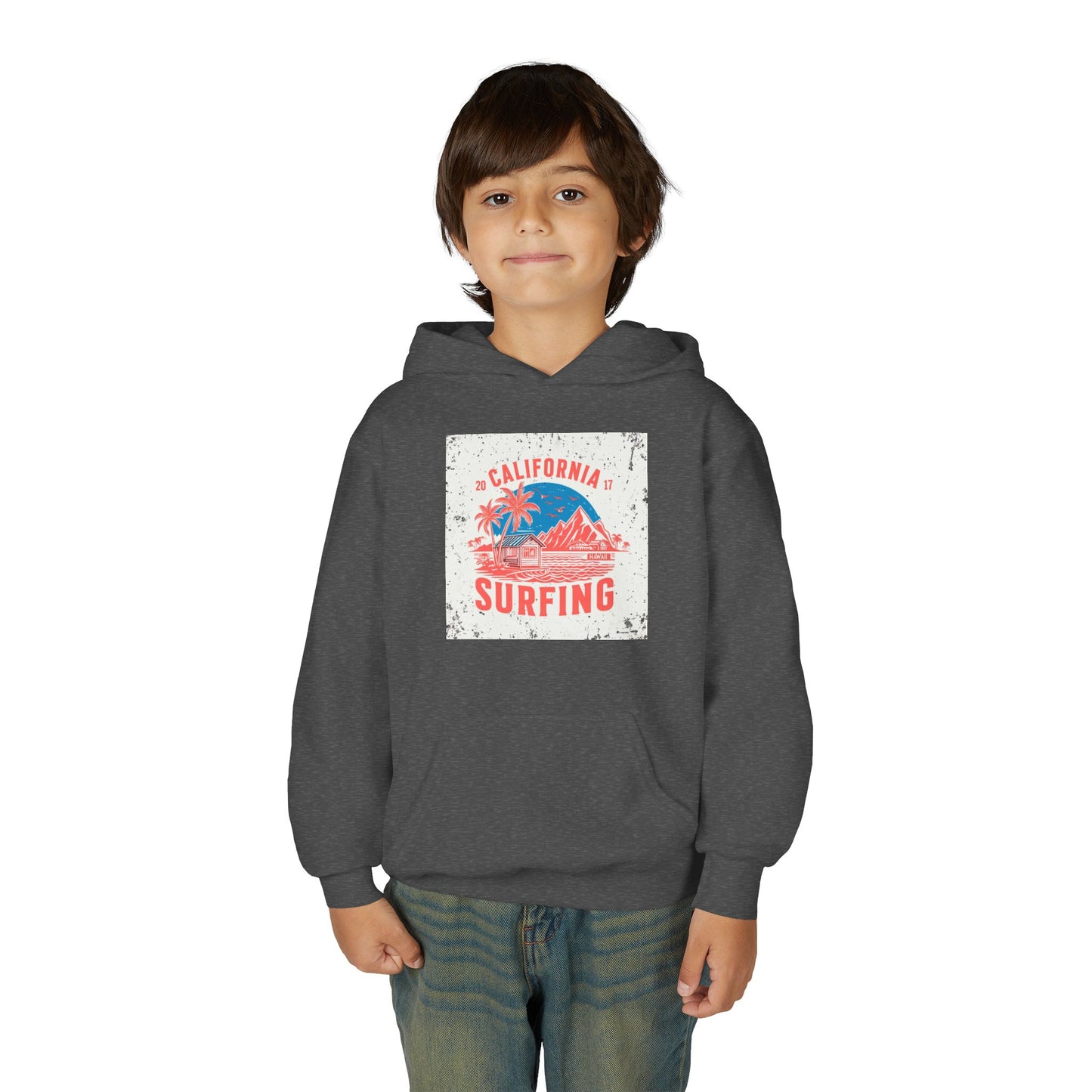 California Surfing Youth Hoodie — Retro Beach Palm Tree Surf Graphic