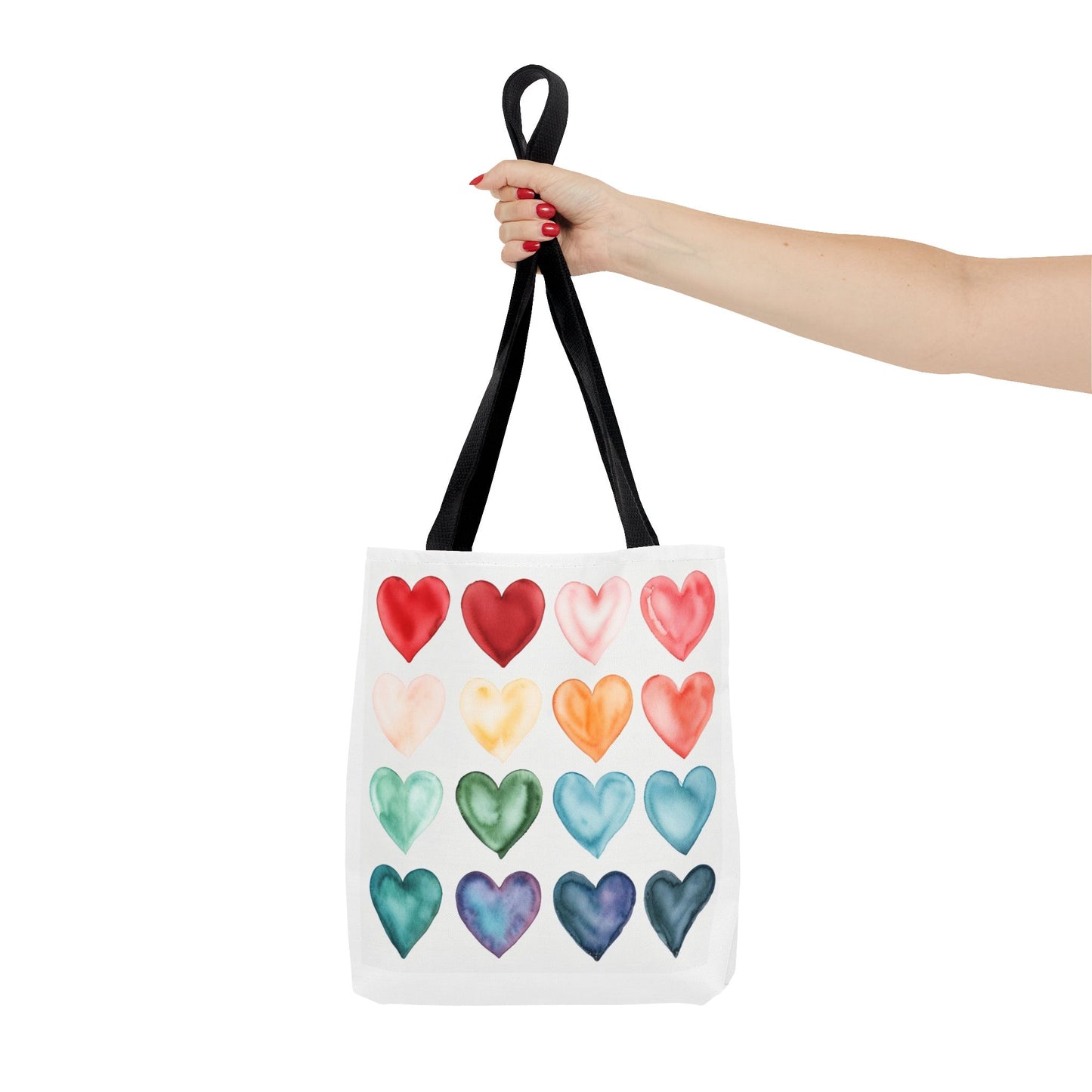 Watercolor Rainbow Hearts Tote Bag — Colorful Heart Pattern Beach & Market Tote