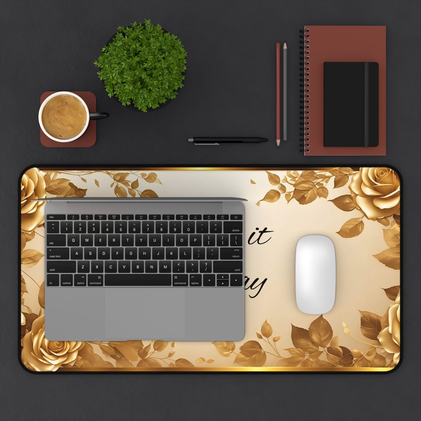 Gold Floral Desk Mat — Customizable Elegant Mouse Pad with "Print it your way" Design