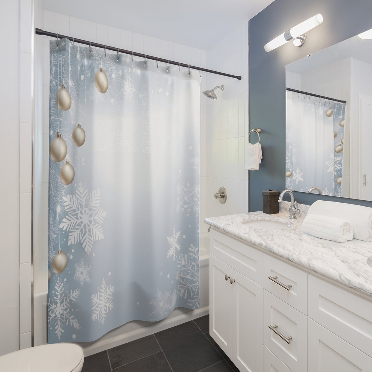 Winter Snowflake Shower Curtain with Silver Ornaments — Holiday Bathroom Decor