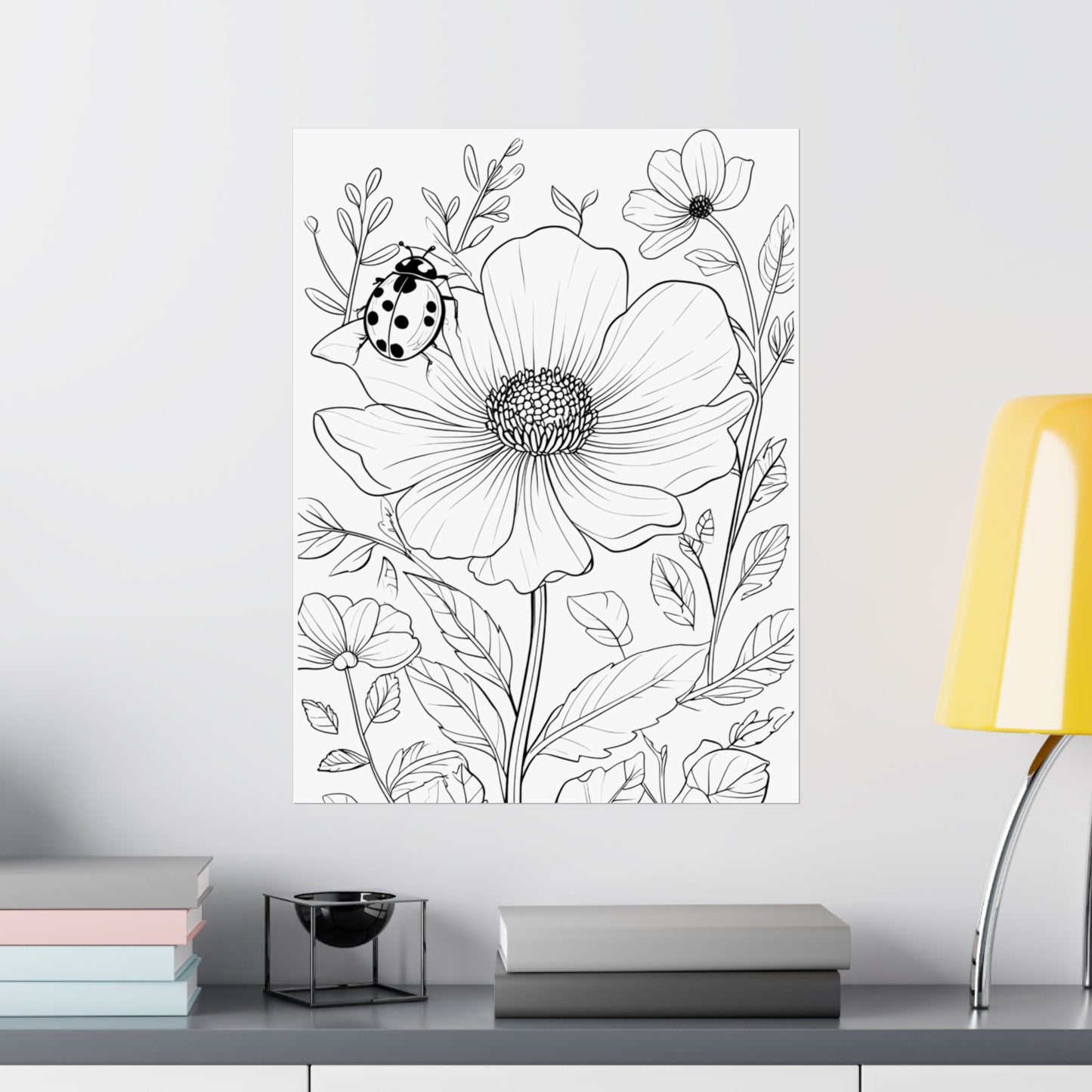 Botanical Ladybug Matte Poster — Floral Line Art Vertical Wall Print