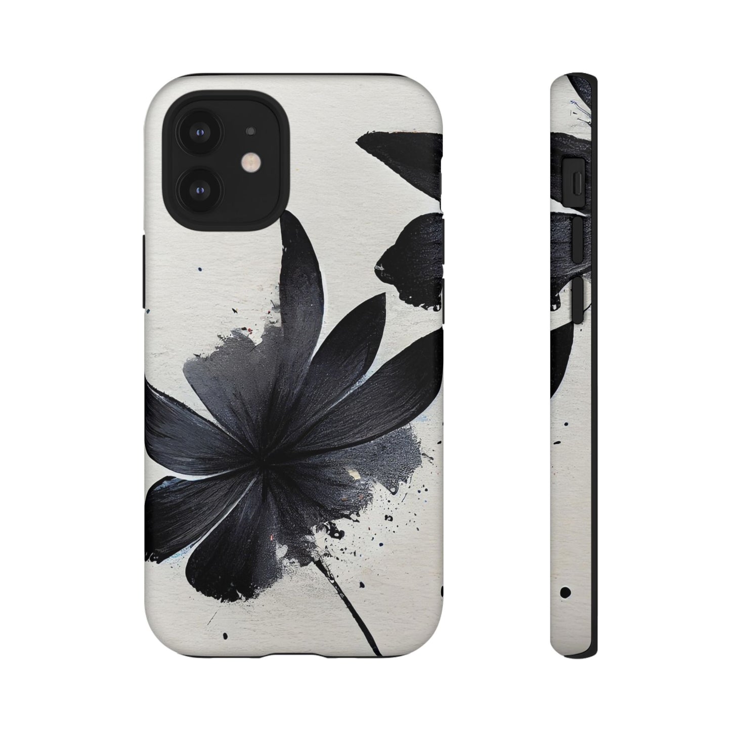 Monochrome Floral Tough Phone Case — Black Ink Flower Protective Cover