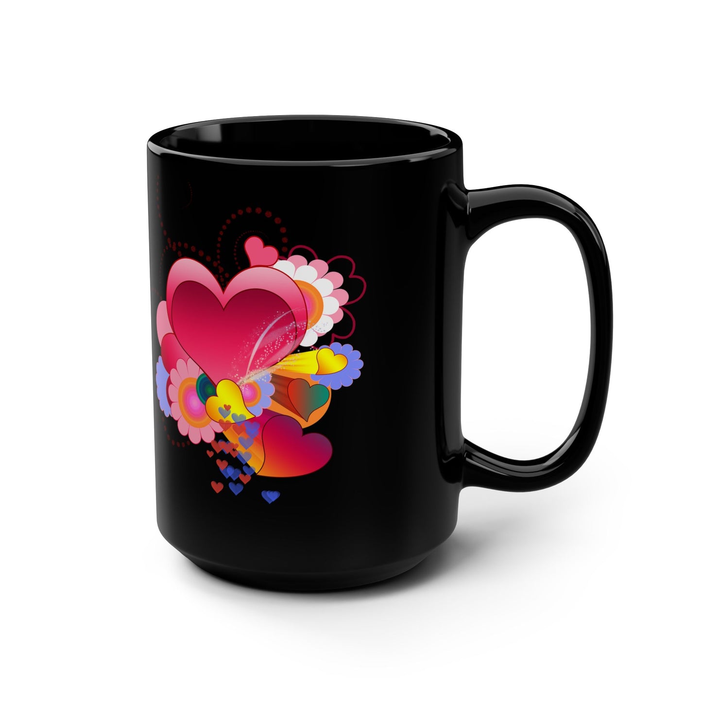 15oz Black Mug — Colorful Heart Floral Love Design
