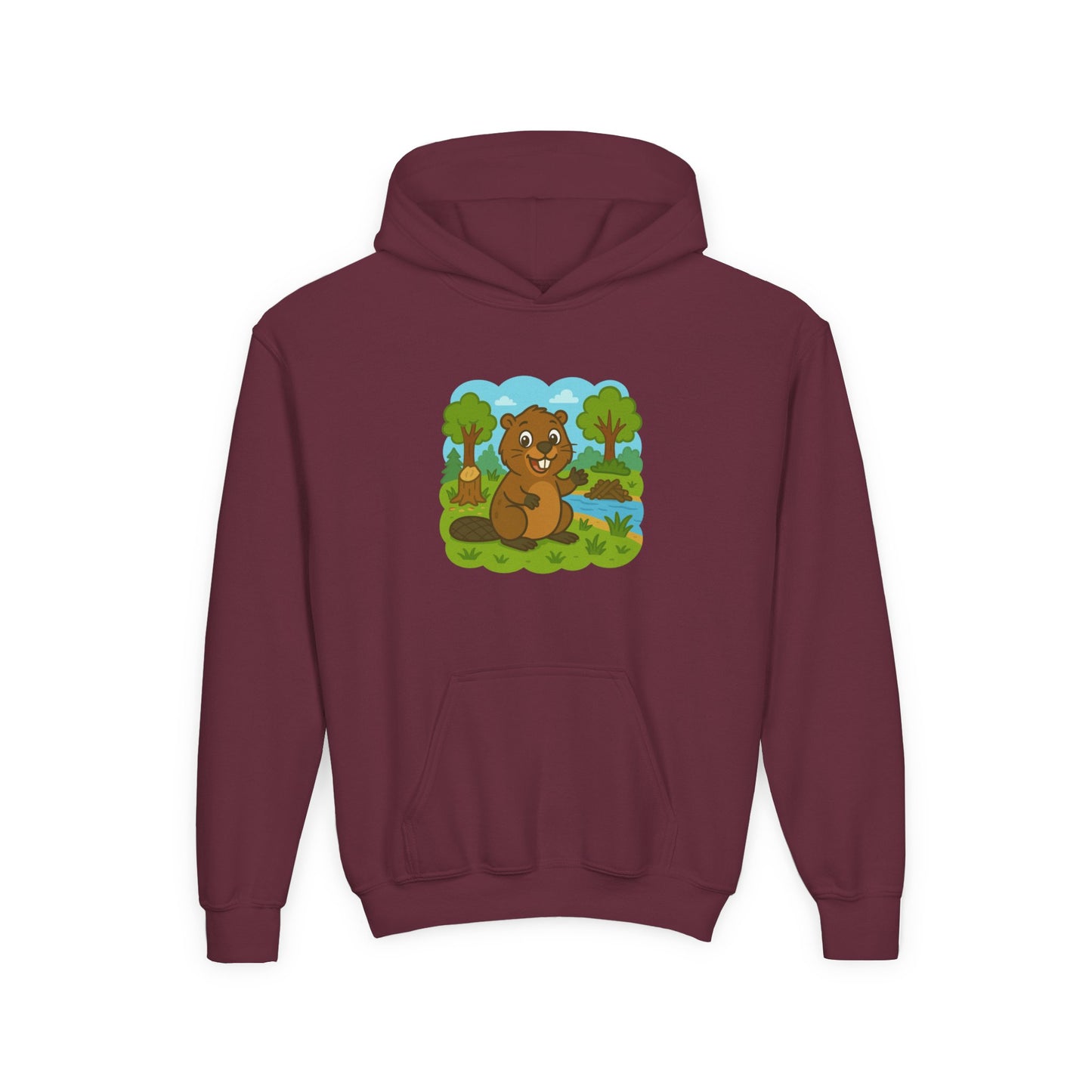 Cartoon Beaver Forest Scene Youth Hoodie | Woodland Animal Kids Sweatshirt