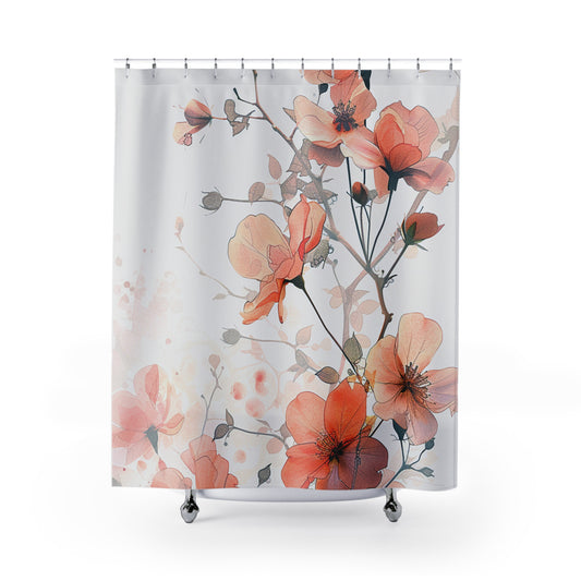 Blush Floral Shower Curtain — Watercolor Peach Blossoms Bathroom Decor