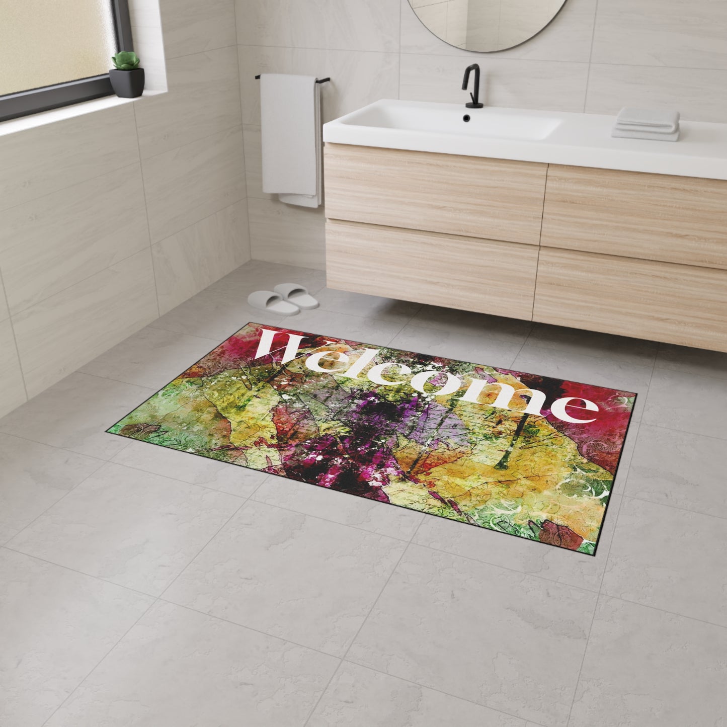 Welcome Floral Heavy Duty Floor Mat — Colorful Abstract Entry Rug