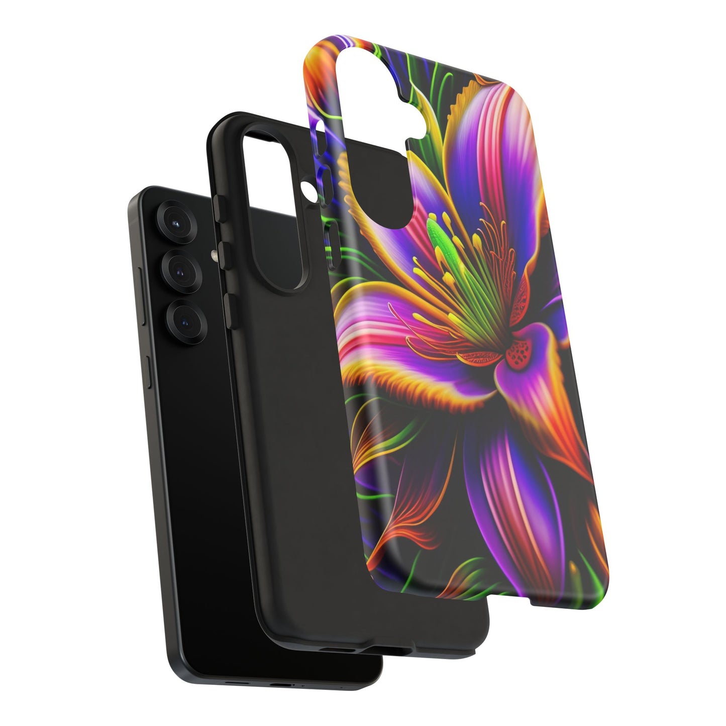 Floral Neon Tough Phone Case — Vivid Purple & Orange Lily Protective Cover