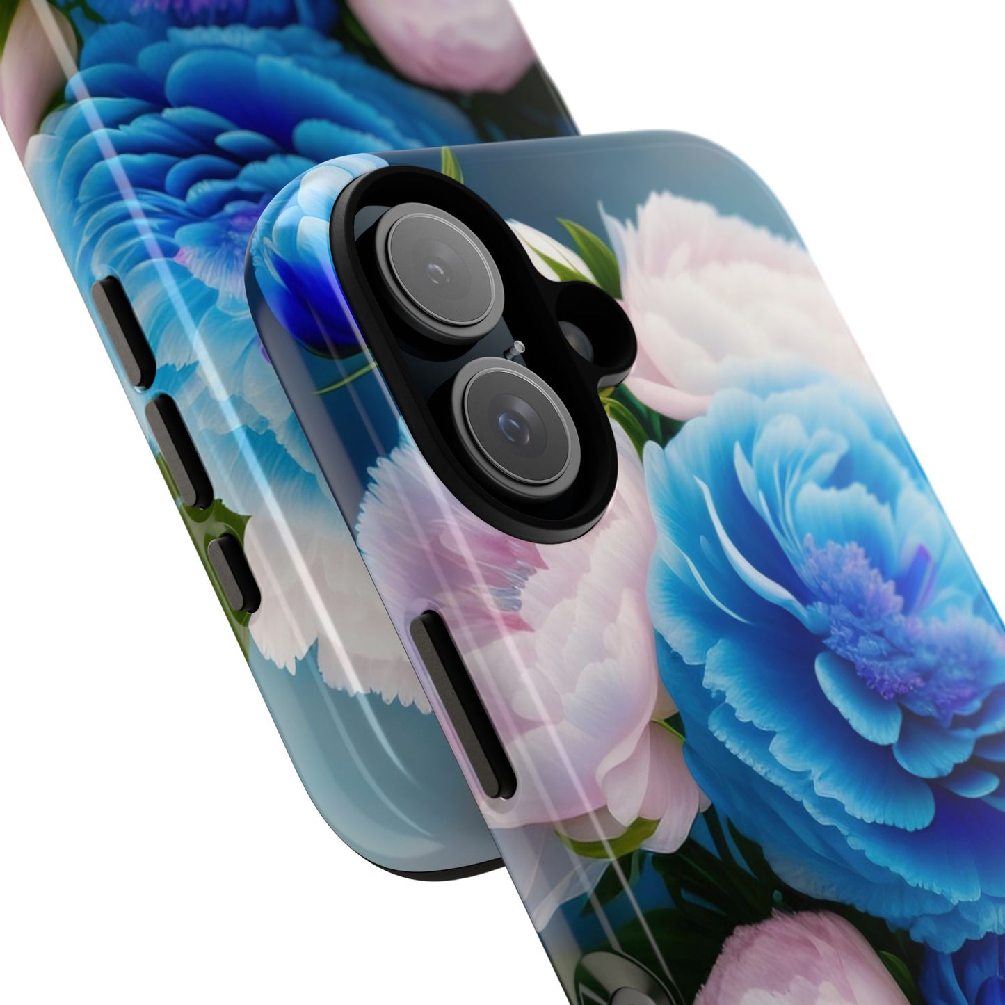 Floral Blue Peony Phone Case — Protective Tough Case with Pink & Blue Blooms