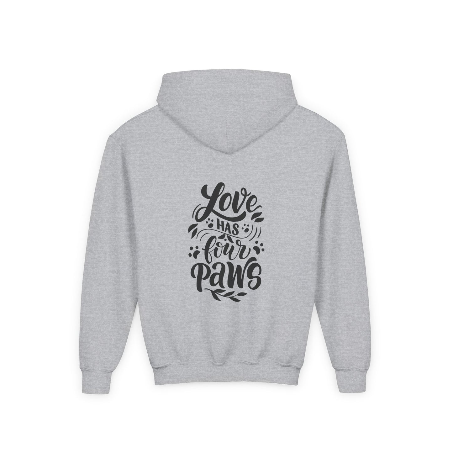 Youth Hoodie — Cute Black Shih Tzu with “Love Has Four Paws” Back Print
