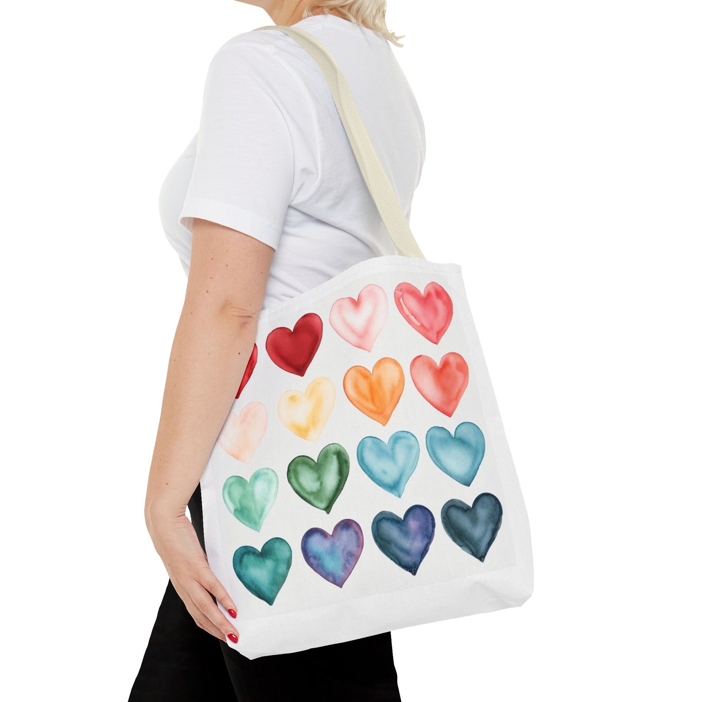 Watercolor Rainbow Hearts Tote Bag — Colorful Heart Pattern Beach & Market Tote