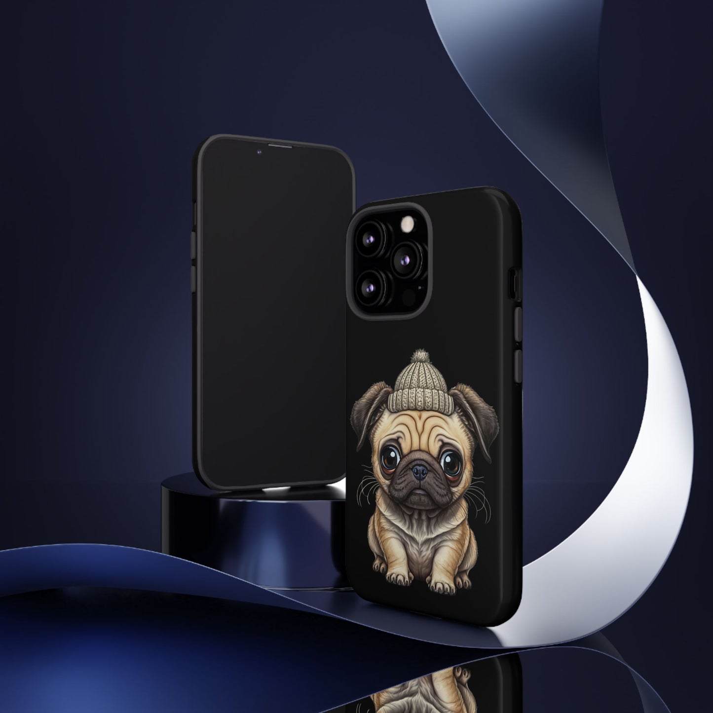 Pug Phone Case – Cute Pug Puppy Illustration on Black Tough Case