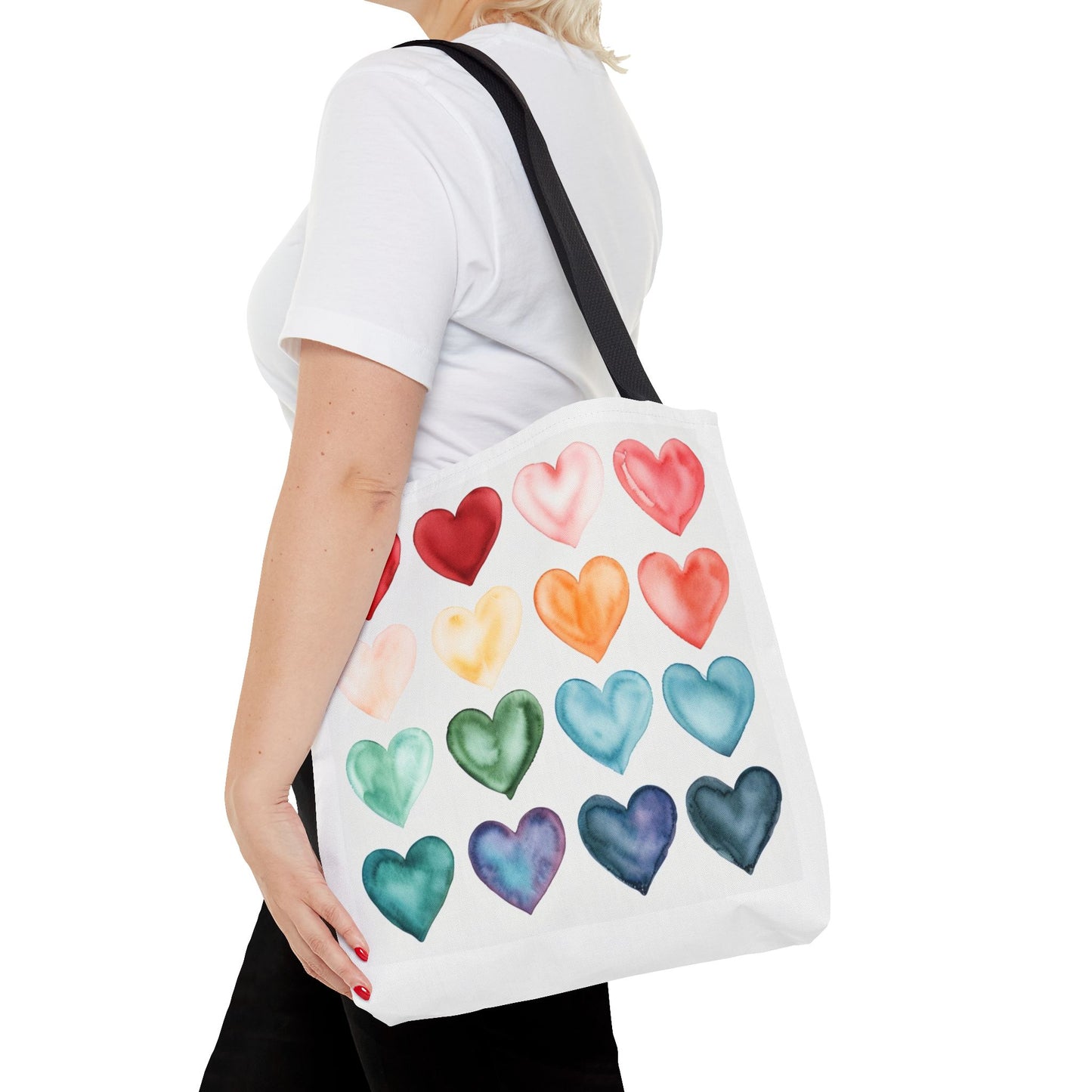 Watercolor Rainbow Hearts Tote Bag — Colorful Heart Pattern Beach & Market Tote