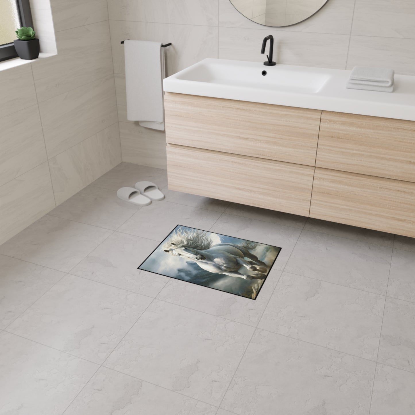 Majestic White Horse Heavy-Duty Floor Mat — Running Stallion Rug for Entryway & Stable