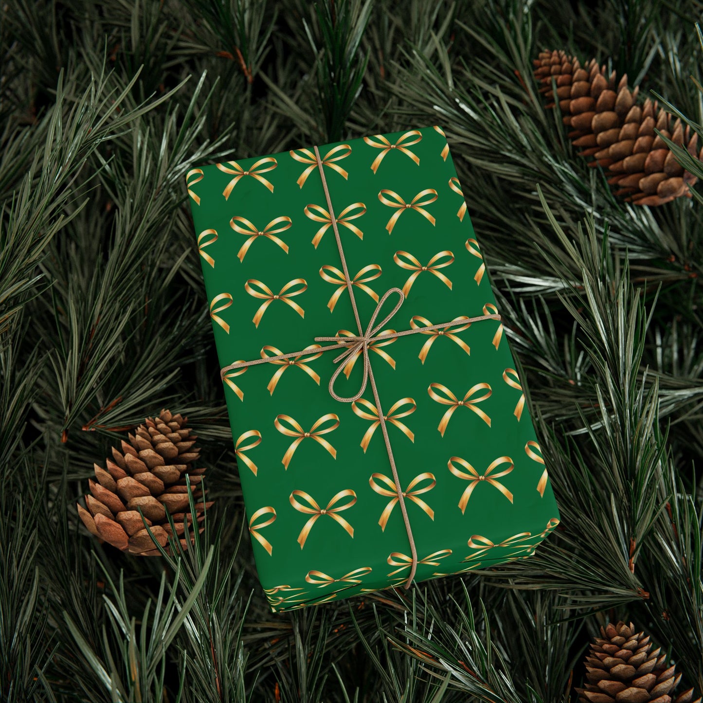 Holiday Green Wrapping Paper Roll — Gold Bow Pattern