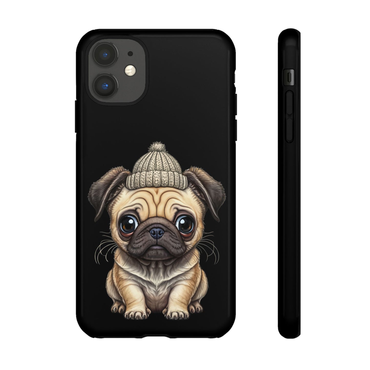 Pug Phone Case – Cute Pug Puppy Illustration on Black Tough Case