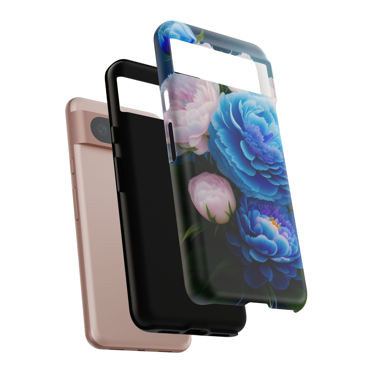 Floral Blue Peony Phone Case — Protective Tough Case with Pink & Blue Blooms